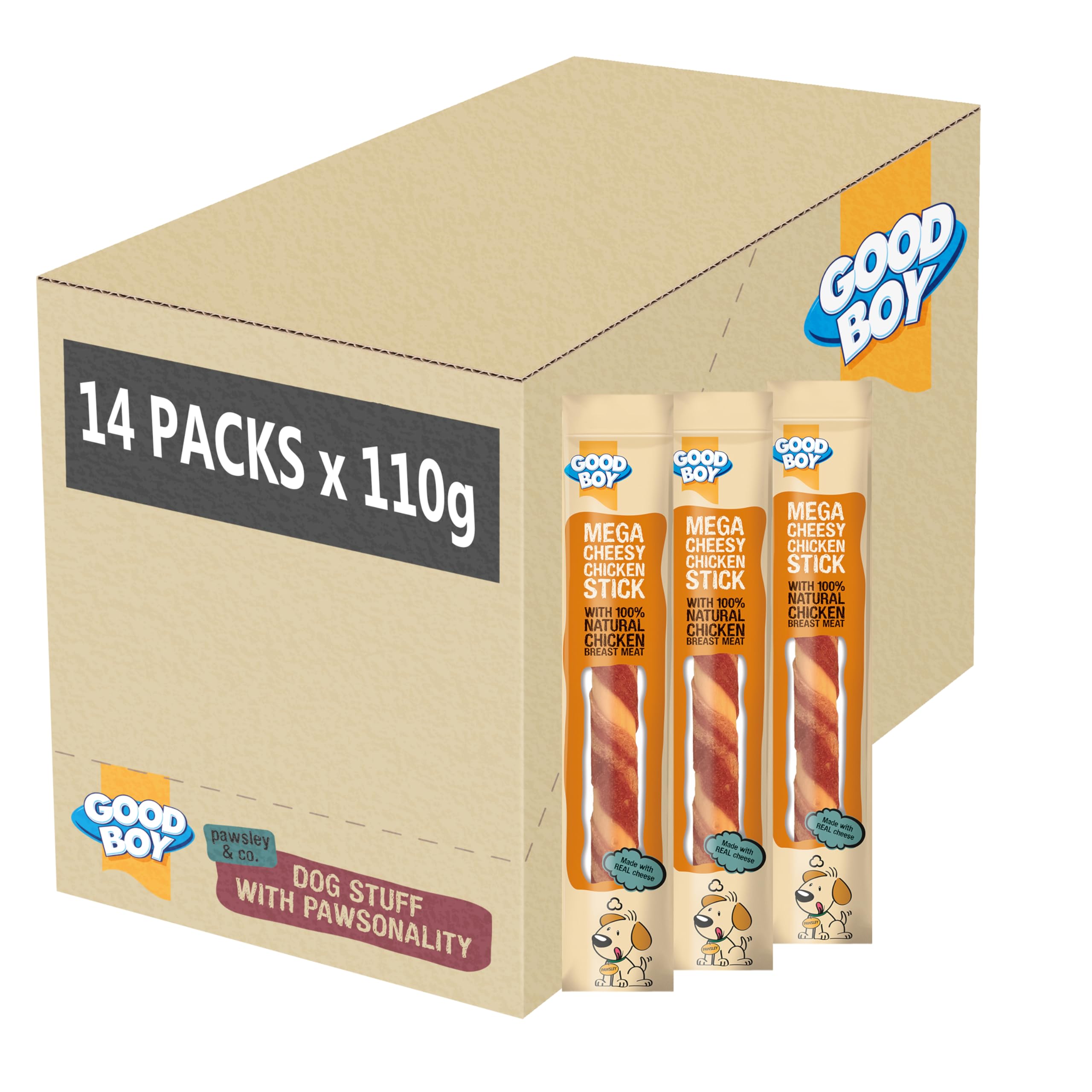 Good Boy Pawsley Mega Cheesy Chicken Sticks - Rawhide Free - Bulk Box - 14 x 110g