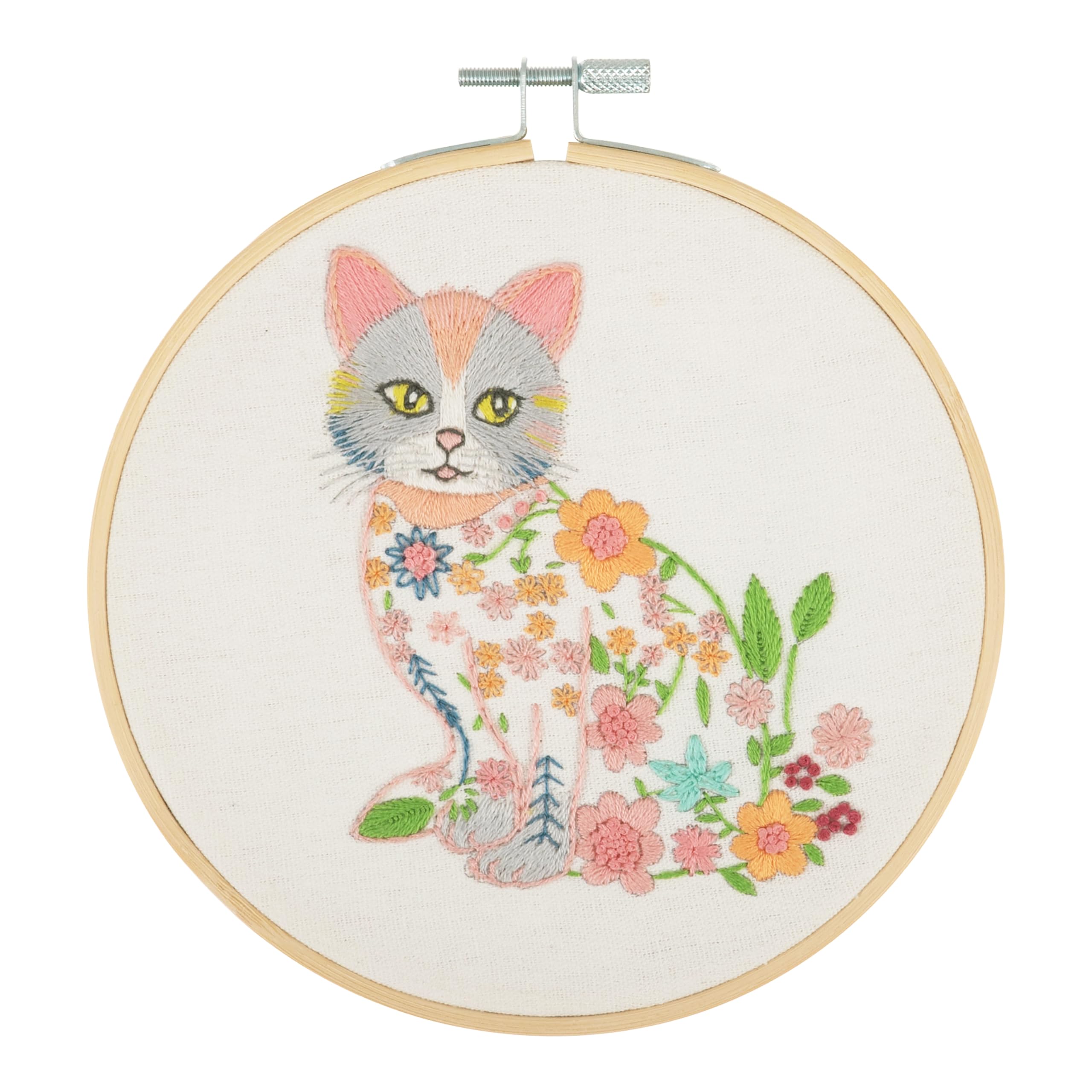 Trimits Embroidery Kits - 15cm 6" Embroidery Beginners Kit, Cross Stitch Kits for Adults, Starter Set with Bamboo Hoop, Fabric, Threads, Needle & Backing - Floral Cat