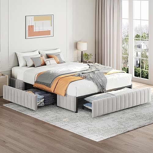 Miniatura 1 de Yaheetech Base de cama King tapizada con 4 cajones de almacenamiento, gran espacio de almacenamiento, listones de madera fuertes, antideslizante y