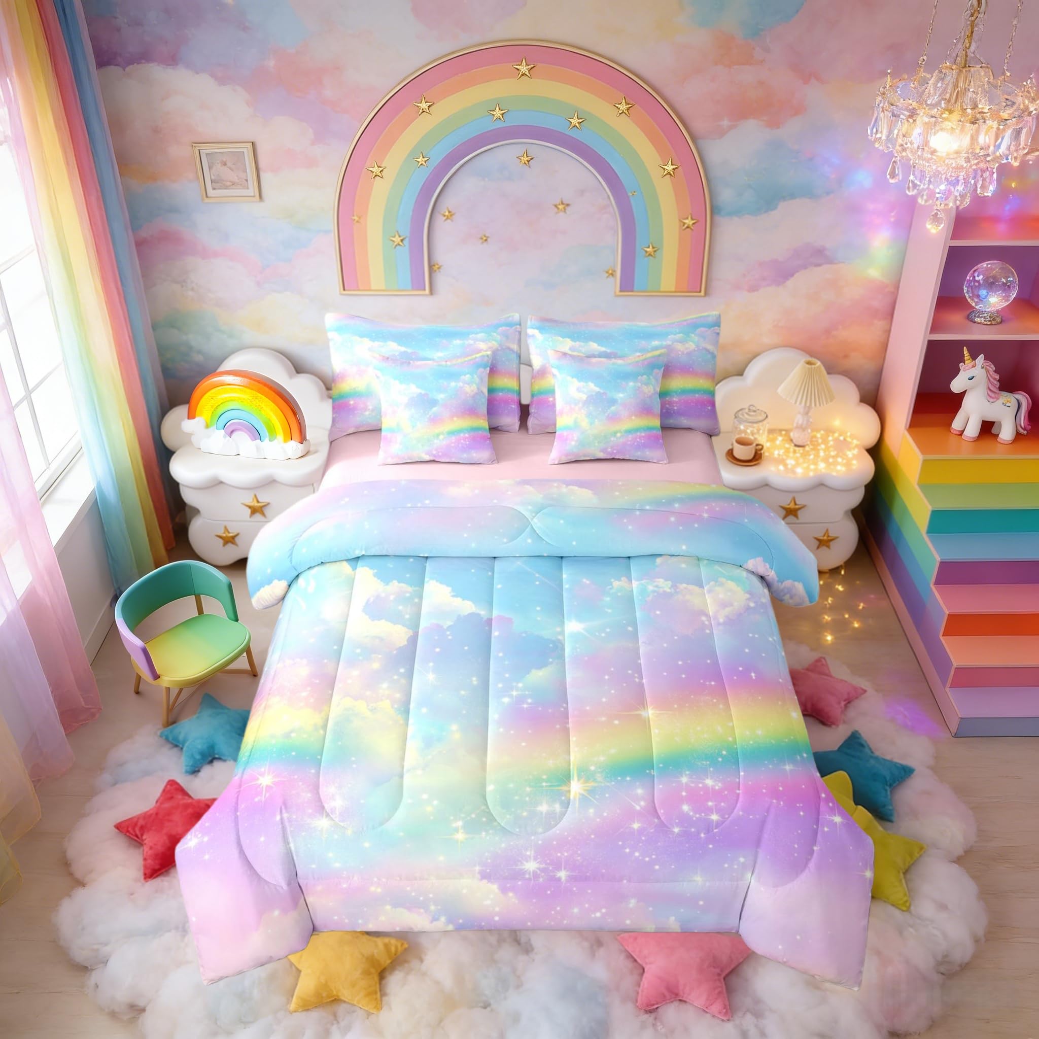 Erosebridal Colorful Rainbow Twin Bed in A Bag 7 Piece Glitter Starry Sky Comforter Set with Sheets Shiny Stars Cloud Bedding Sets for Kids Girls Teens Women,Girly Watercolor Pastel Bed Set