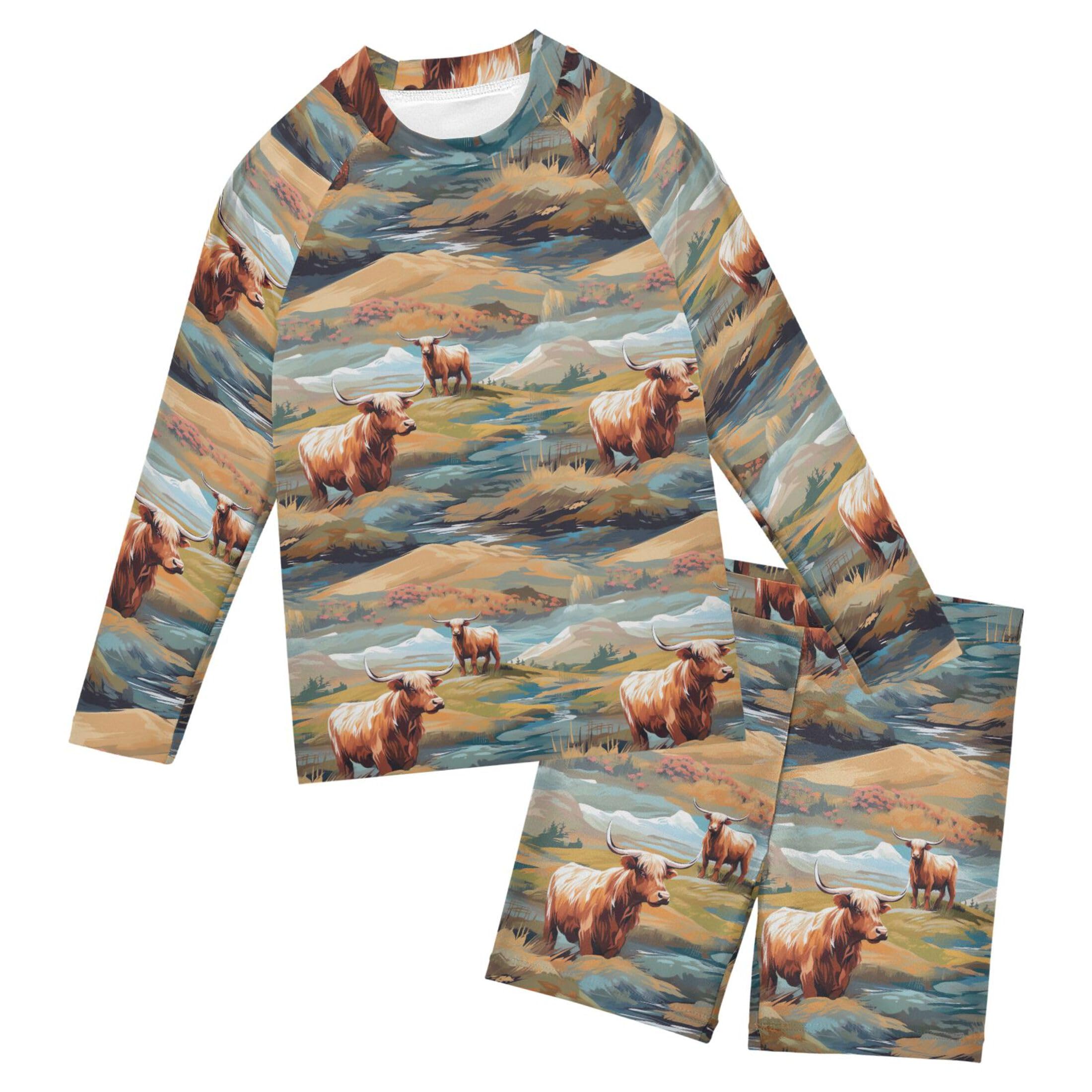 Highland Cow Boys Rash Guard Swimsuits Set for Boys Long Sleeve Swim Shirts Bathing Suits with Trunks B0403027