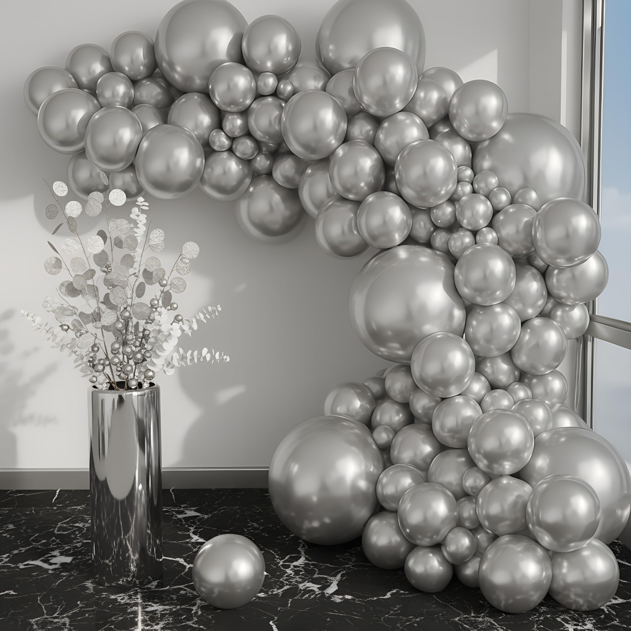 Vellax 146-Pc Metallic Silver Balloon Garland Arch Kit, Baby Shower