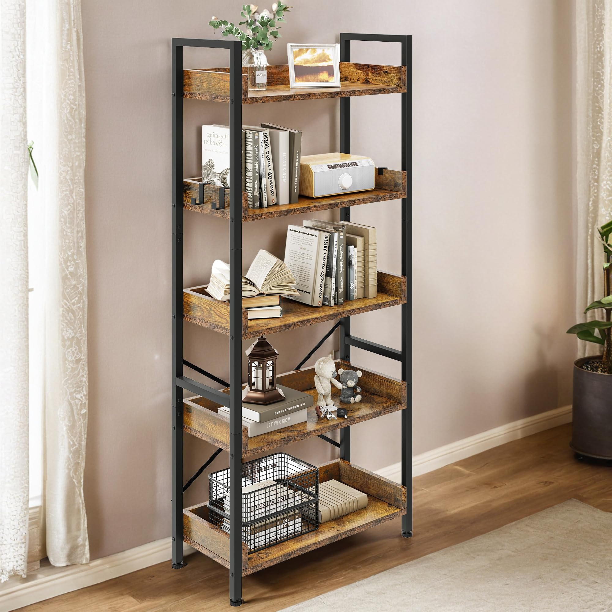 YITAHOME Bibliothèque à 5 Niveaux, étagères en Bois avec Cadre en Acier Stable, étagère de Rangement Industrielle avec 4 Crochets pour Salon, Maison, Bureau, Marron Rustique