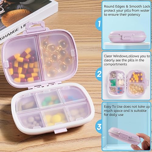 Miniatura 6 de Pastillero de viaje  Pastillero diario portátil con 8 compartimentos, contenedor de píldoras, organizador de medicamentos, dispensador de píldoras,