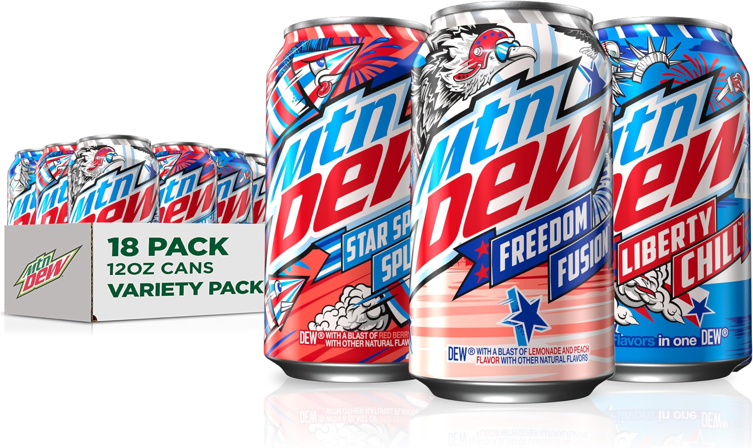 Mountain Dew, Red, White & Blue Summer, 3 Flavor Variety Pack, 12 Fl Oz Cans (Pack of 18)