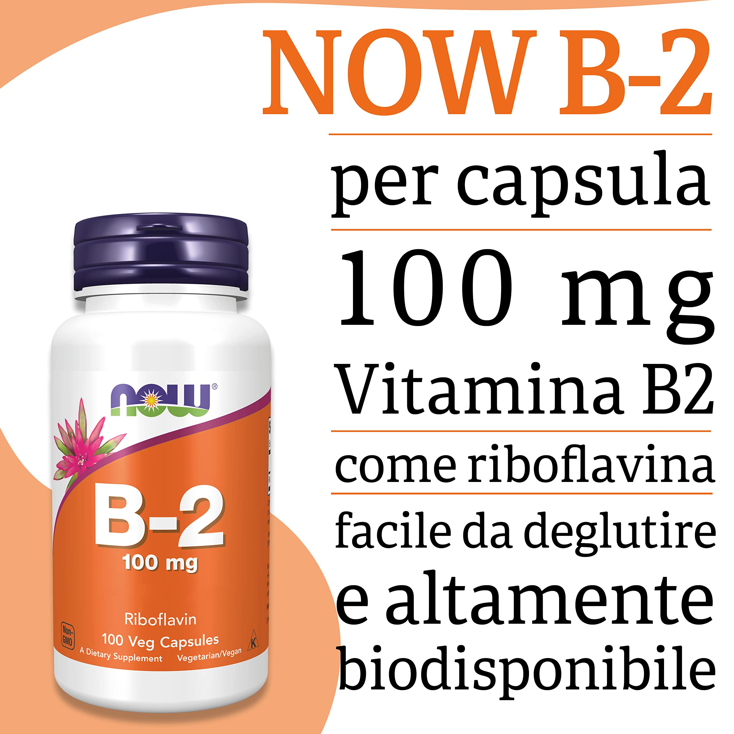 Now Foods Vitamin B2 (Riboflavina), 100mg, 100 capsule vegane, Testato in Laboratorio, Senza Glutine, Senza Soia, Vegetariano, non OGM