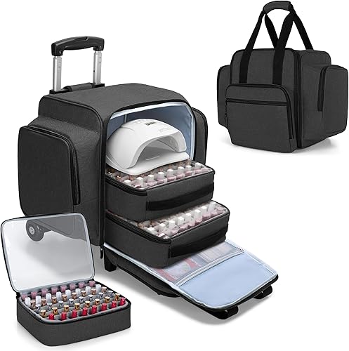 BAFASO Organizador de esmalte de uñas rodante con capacidad para 144 botellas (0.5 onzas líquidas) y una lámpara de uñas, Negro -, Viajes
