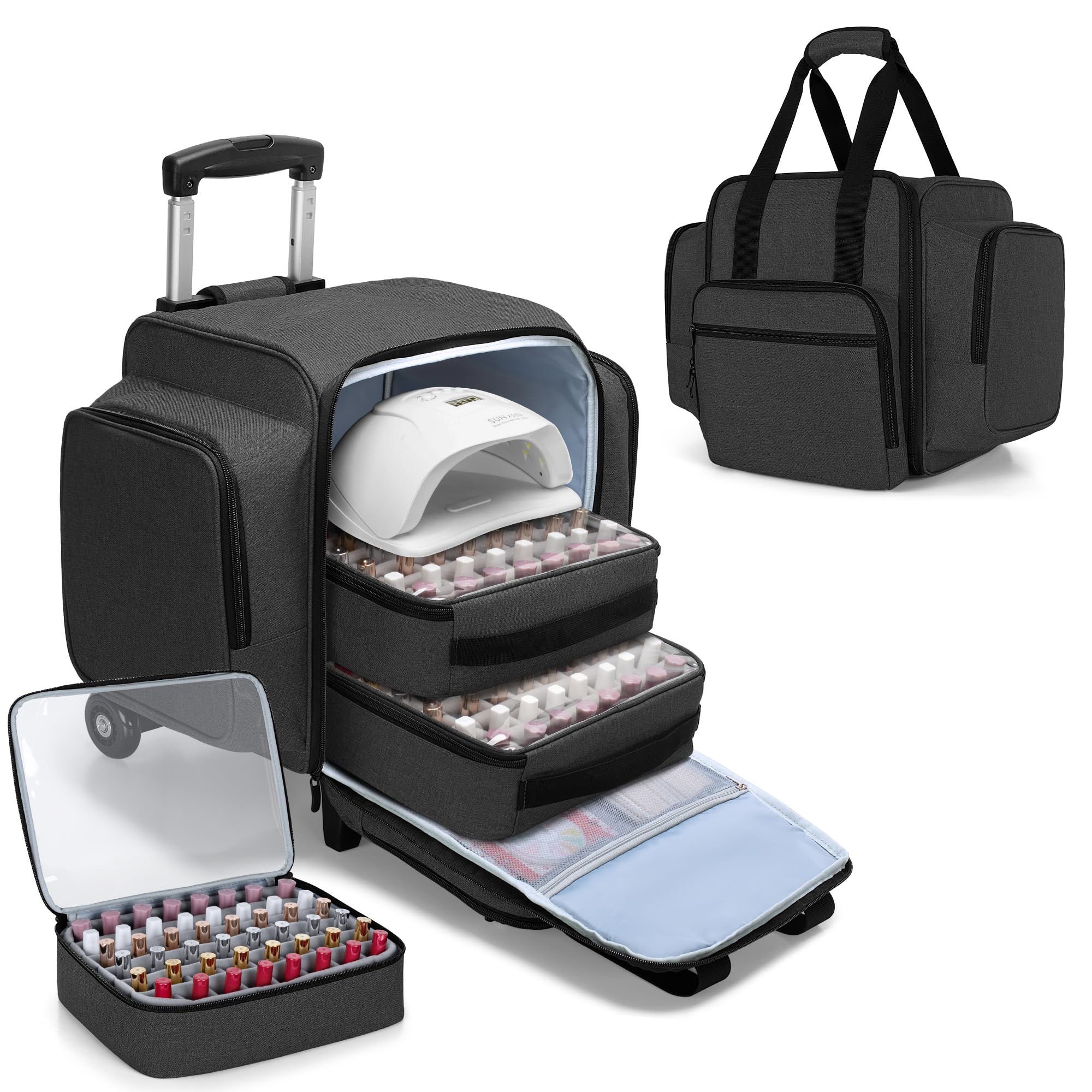 BAFASO Rolling Nail Polish Organizer Holds 144 Bottles, Nail Polish Case with a Detachable Dolly and 3 Removable Cases (Patented Design), Black