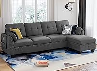 HONBAY Convertible L-Shaped Sectional Sofa Couch with Storage Ottoman & Armrest Pocket, Reversible Grey Fabric for Living Room
