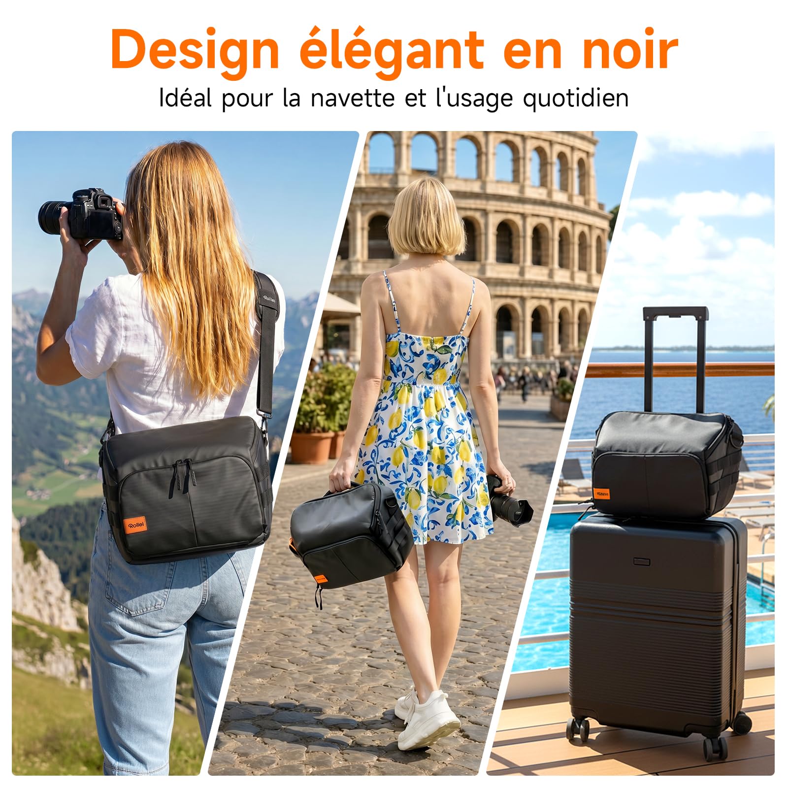 Sac Appareil Photo, Rollei Fotoliner Ocean Bag L Sac à Bandoulière Grand Sacs à Épaule avec Bandoulière Réglable Sacs de Photographe Imperméable pour Appareil Photo Reflex Numérique et Accessoire Noir