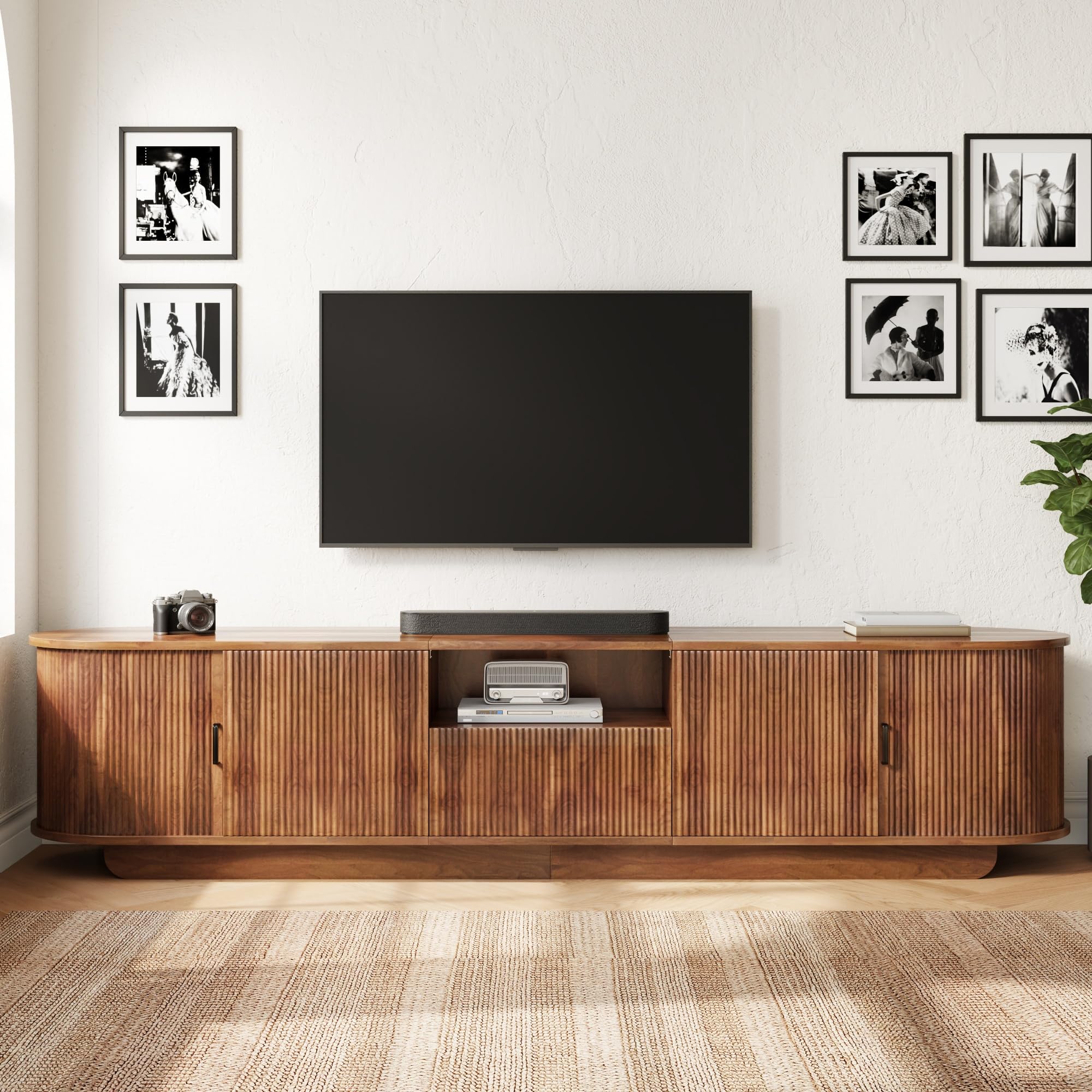 200cm Ovaler TV Schrank mit 3D-Wellenstruktur Schiebetüren