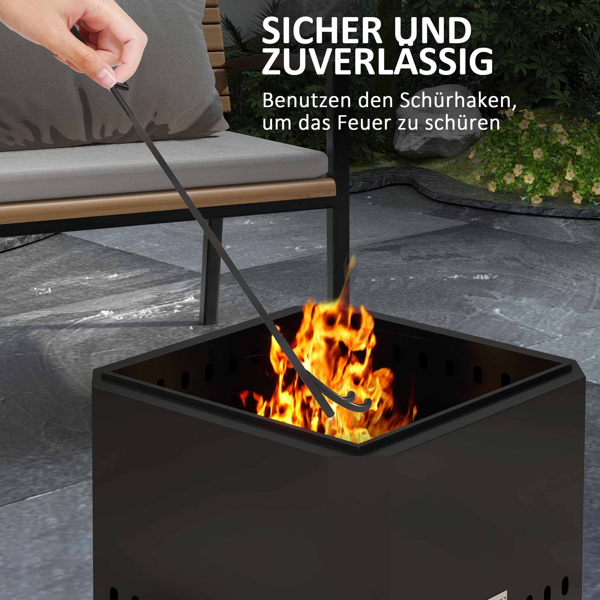 Outsunny Feuerschale, quadratischer Feuerstelle, rauchfreier Feuerkorb mit Schürhaken, Tischfeuer für Garten, Camping, Terrasse, Metall, Schwarz