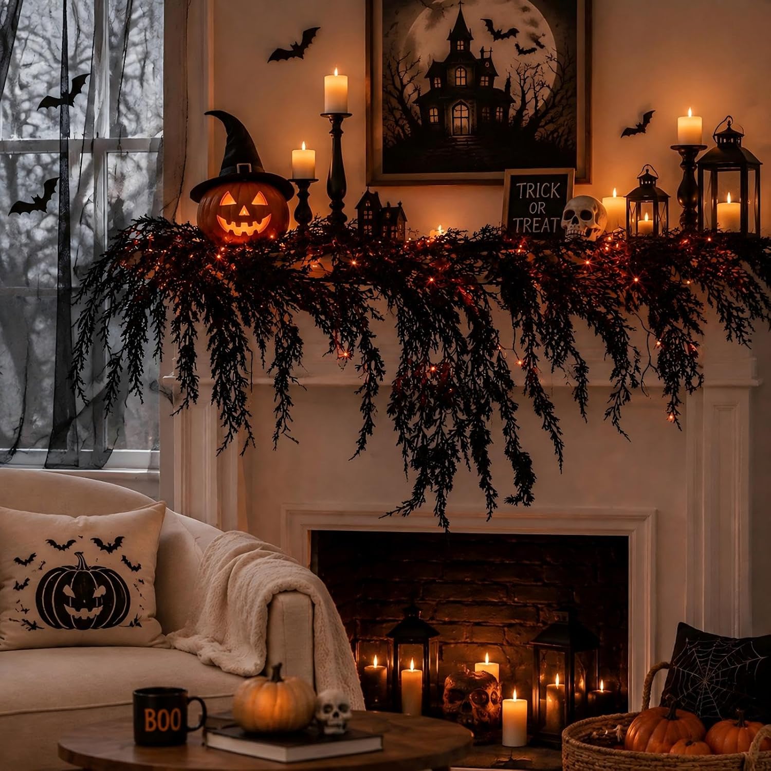 Thiccywoov Lighted Black Halloween Cedar Garland with 20 Spiders & 2 Bows