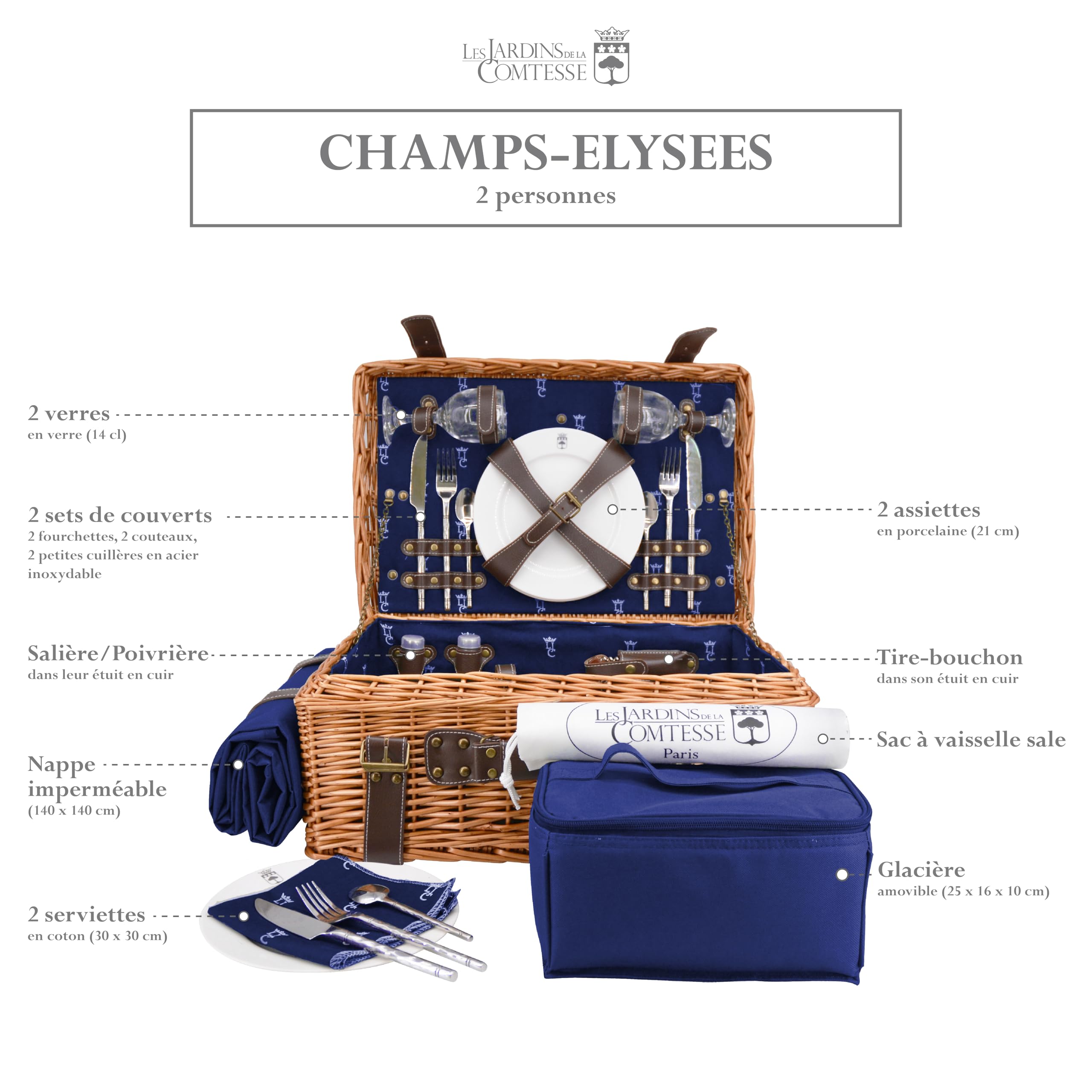 Les Jardins de la Comtesse - Panier Picnic Champs Elysées Bleu en Osier - Sangles en Cuir - Complet 2 Personnes - Glacière/Nappe - Assiettes en Porcelaine et Verres à Vin en Verre - 48 x 34 x 21 cm