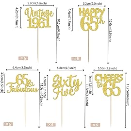 30PCS Happy 65th Birthday Cupcake Toppers Glitter Sixty Five 65 Fabulous Vintage 1961 Cupcake Picks Cheers to 65 Years for 65th Birthday Anniversary Party Cake Decorations Supplies Gold