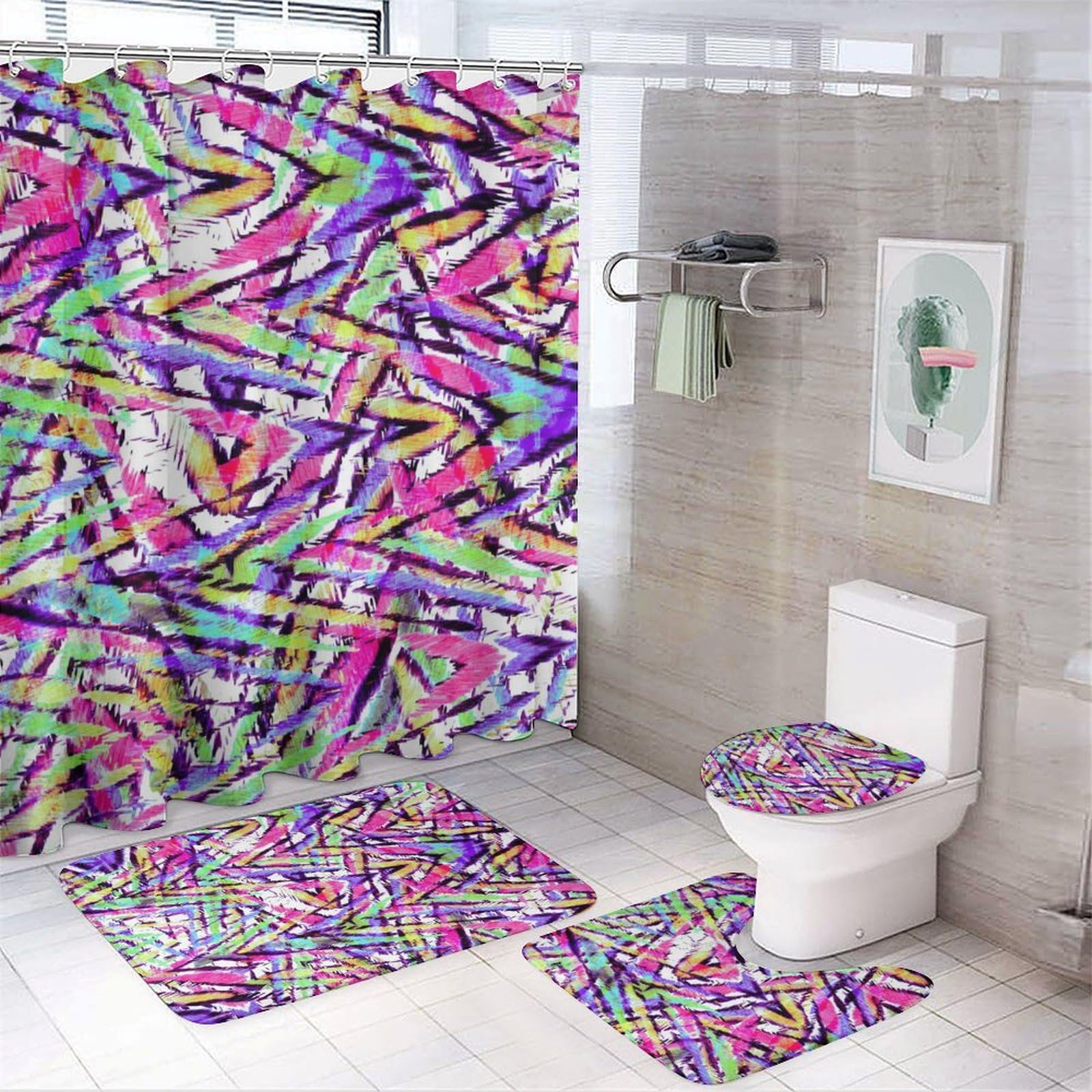 Rideau de douche imperméable et tapis antidérapant sécurisé, kit complet de bain 4 pièces à rayures