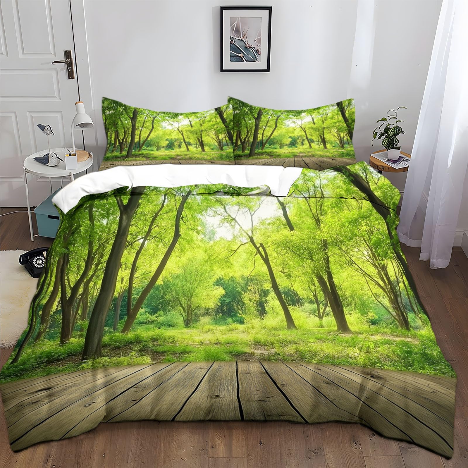 Housse de Couette 220x240 cm Bois Verts Parure de Lit Coton Polyester avec 2 Taies 65x65
