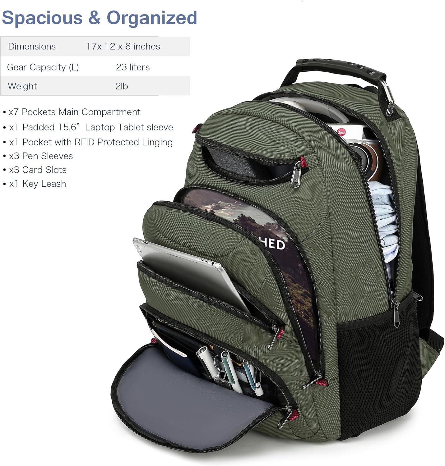 Boavan Laptop Backpack for men, 15.6 inch Laptop Bag with USB Port, Waterproof Travel Work Backpack Purse, Anti-Theft Teacher Nurse Doctor Casual Bookbags Office Business backpack,Green