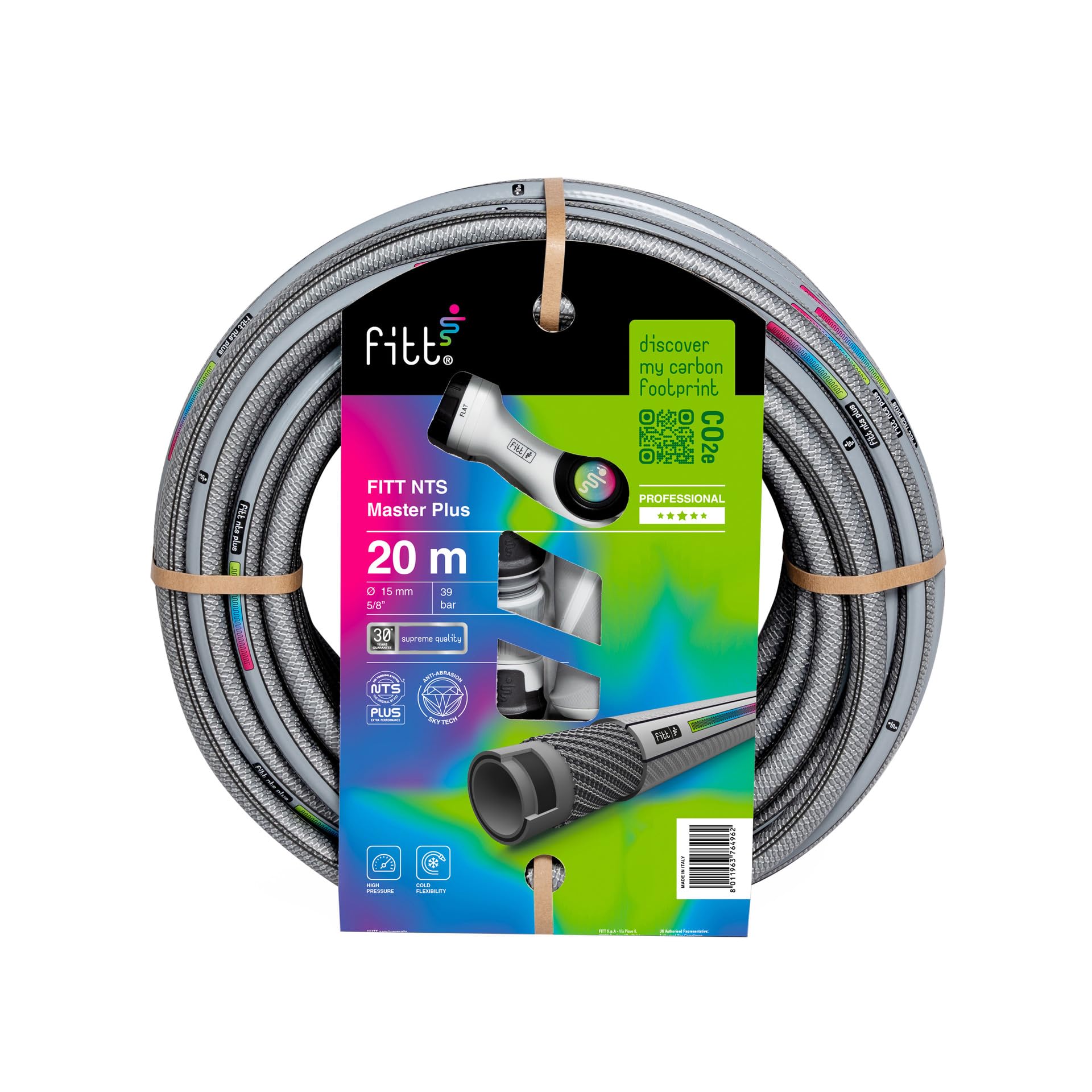 FITT NTS MASTERPLUS 5/8" (15mm) 20m - Manguera para Riego de Jardín Robusta para Uso Intensivo Profesional con Pistola Multichorro y Racores