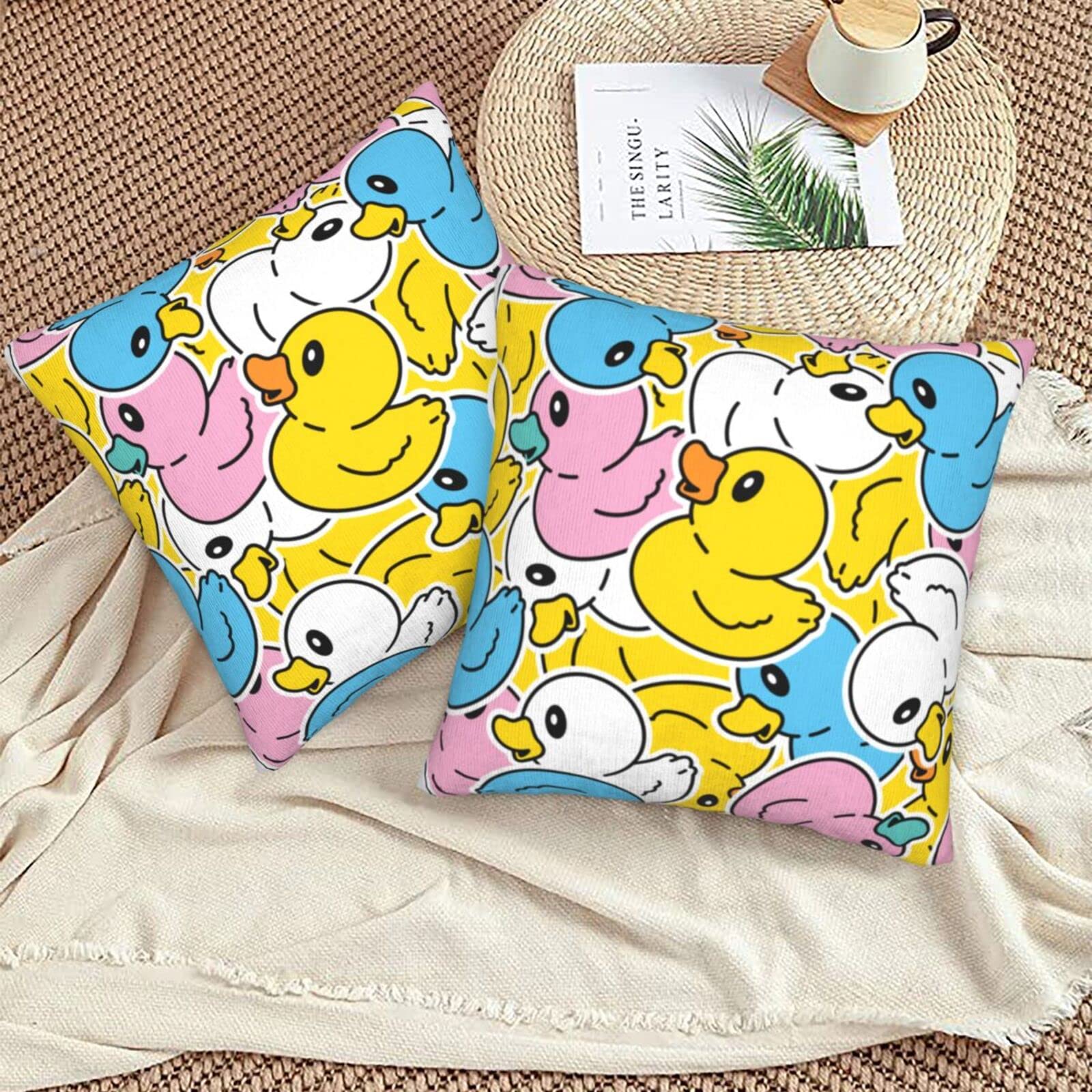 Set Of 2 Rubber Ducky Throw Pillow Covers - 18x18 Inch, Yellow Cartoon Duck Design - View #9