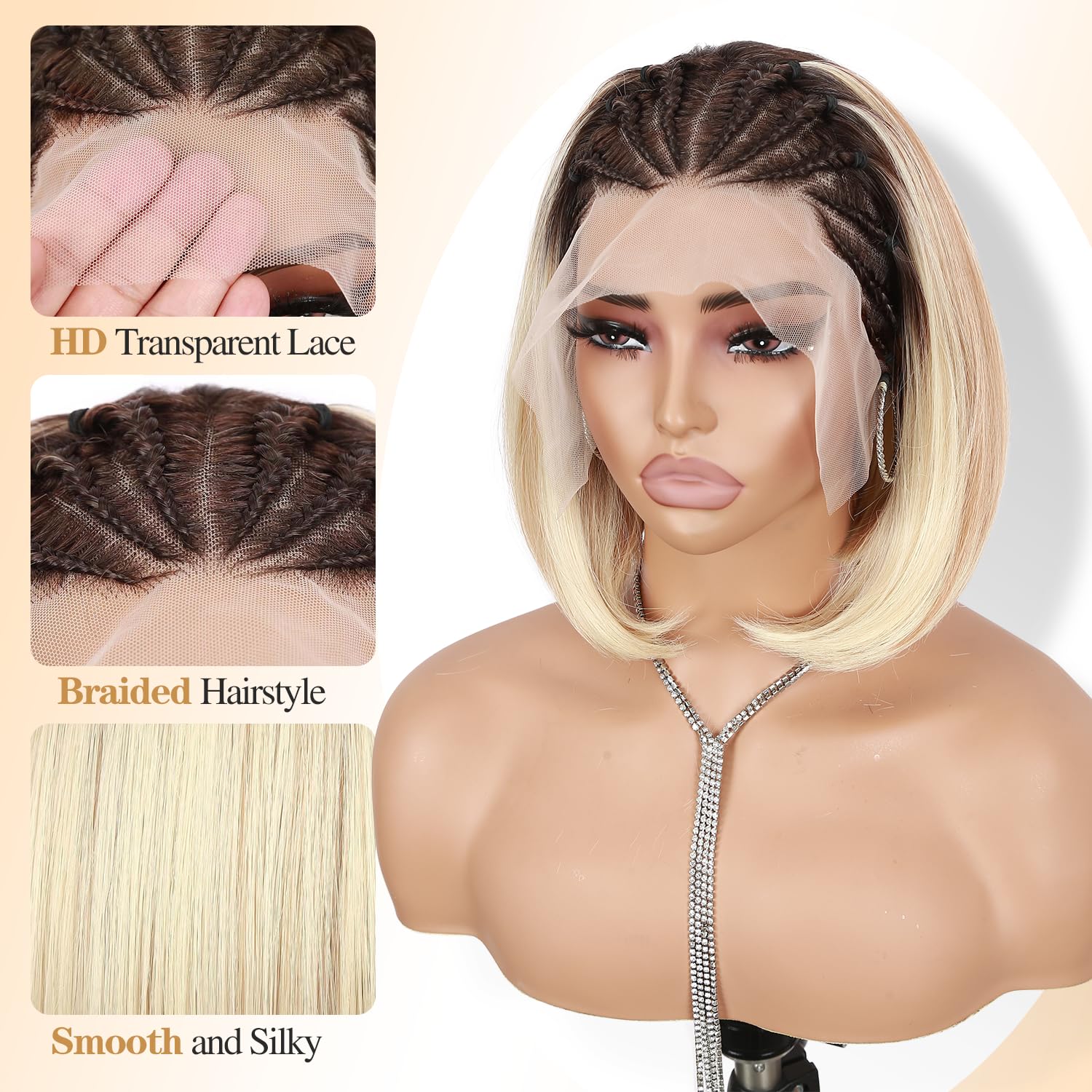 quickwig Braided Wigs for Black Women Short Bob Wig 13x4 Lace Front Braided Wigs Pre Braided Cornrow Wig Highlight Ash Blonde Glueless Wigs Synthetic Handmade Braids Wig