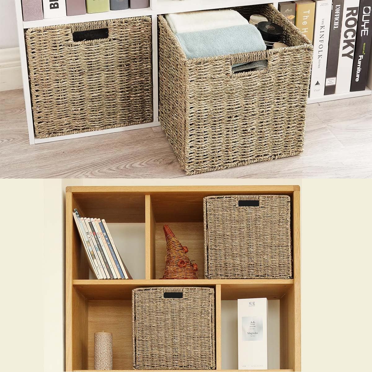 Panier de Rangement, Lot de 2 Panier d'étagère Kallax, Panier Tressé Pliable en Jonc de Mer, Grand Panier pour Vêtements, Jouets -Couleur Naturelle 30x30x30cm