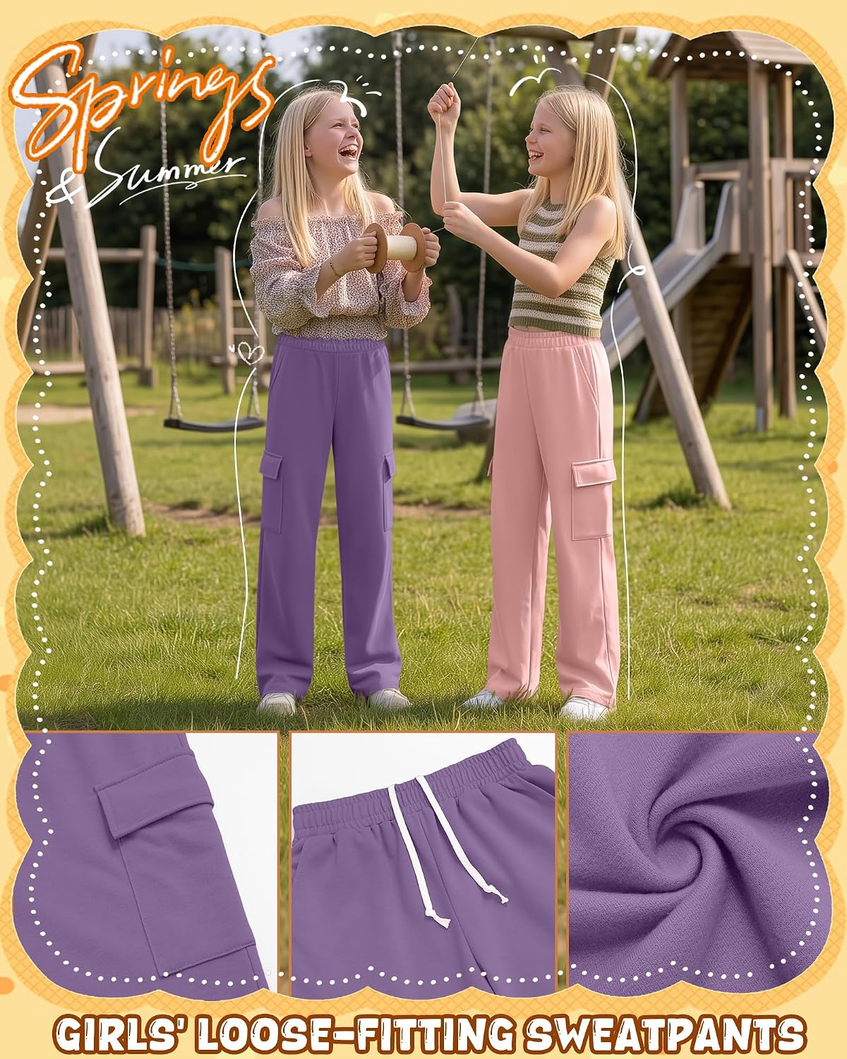 3 Pack Girls' Wide Leg Sweatpants Teen Baggy Cargo Pants Kids Drawstring Elastic Waistband Joggers with Pockets