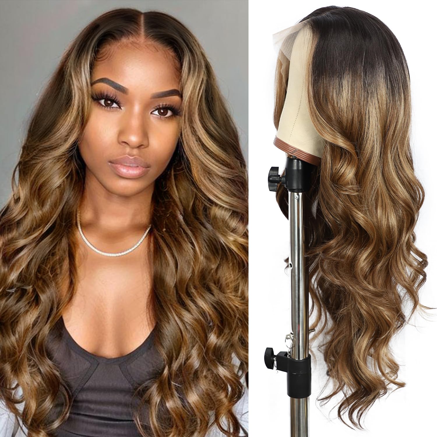 SOMIARIK Auburn Brown Wavy Wig for Women 13x4 Transparent Synthetic Lace Front Long Bright Brown Wigs Middle Part Wavy Natural Looking Heat Resistant Fiber for Daily Party Use 26 Inch - Image 2