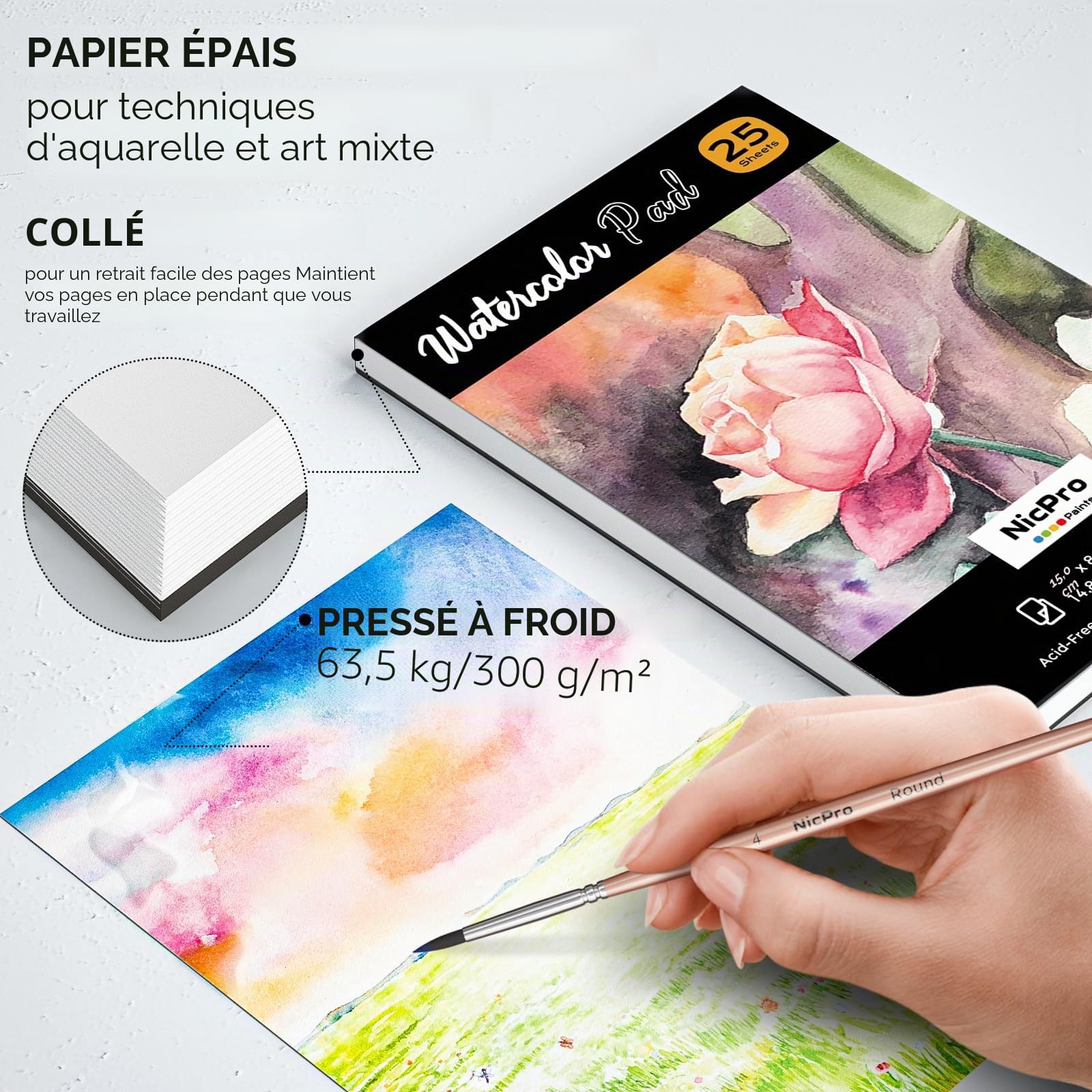 Nicpro Kit de Peinture Aquarelle, 48 Couleurs Aquarelles avec 8 Pinceaux, Palette, 25 Papiers Artistiques, 2 éponges, Fournitures de Peinture Non Toxiques pour Adultes, Débutants, Artistes