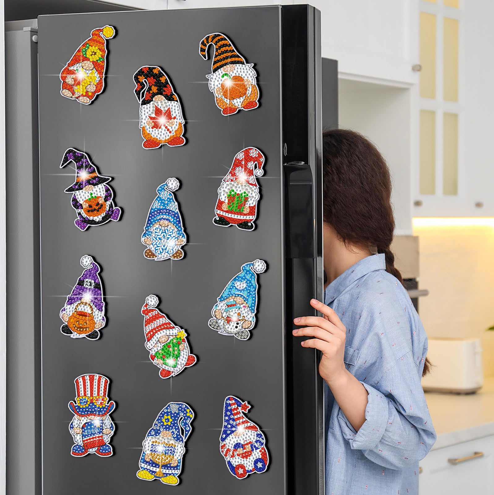 Frienda 12 Pcs Refrigerator Diamond Painting Stickers Diamond Art Stickers Kits Fridge Stickers for Adults DIY Home Cabinet Decors(Gnome)