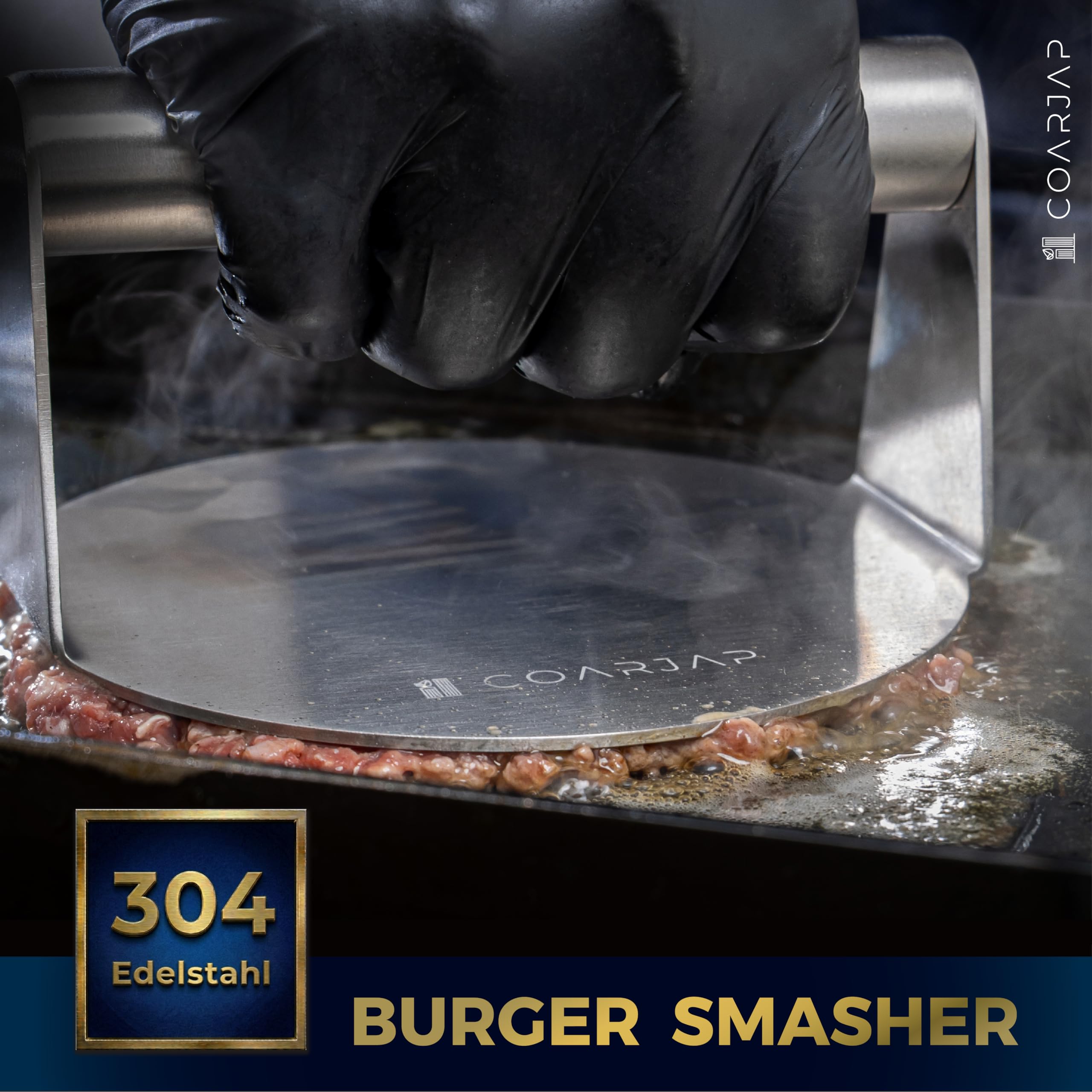 Smash Burgerpresse Set Premium - 7-teilig - Burger Smasher Set Grill aus Edelstahl 304-2 Burgerglocken, Grillspachtel Set, Gewürzstreuer + 60 Antihaftpapier - Grill Zubehör Burger