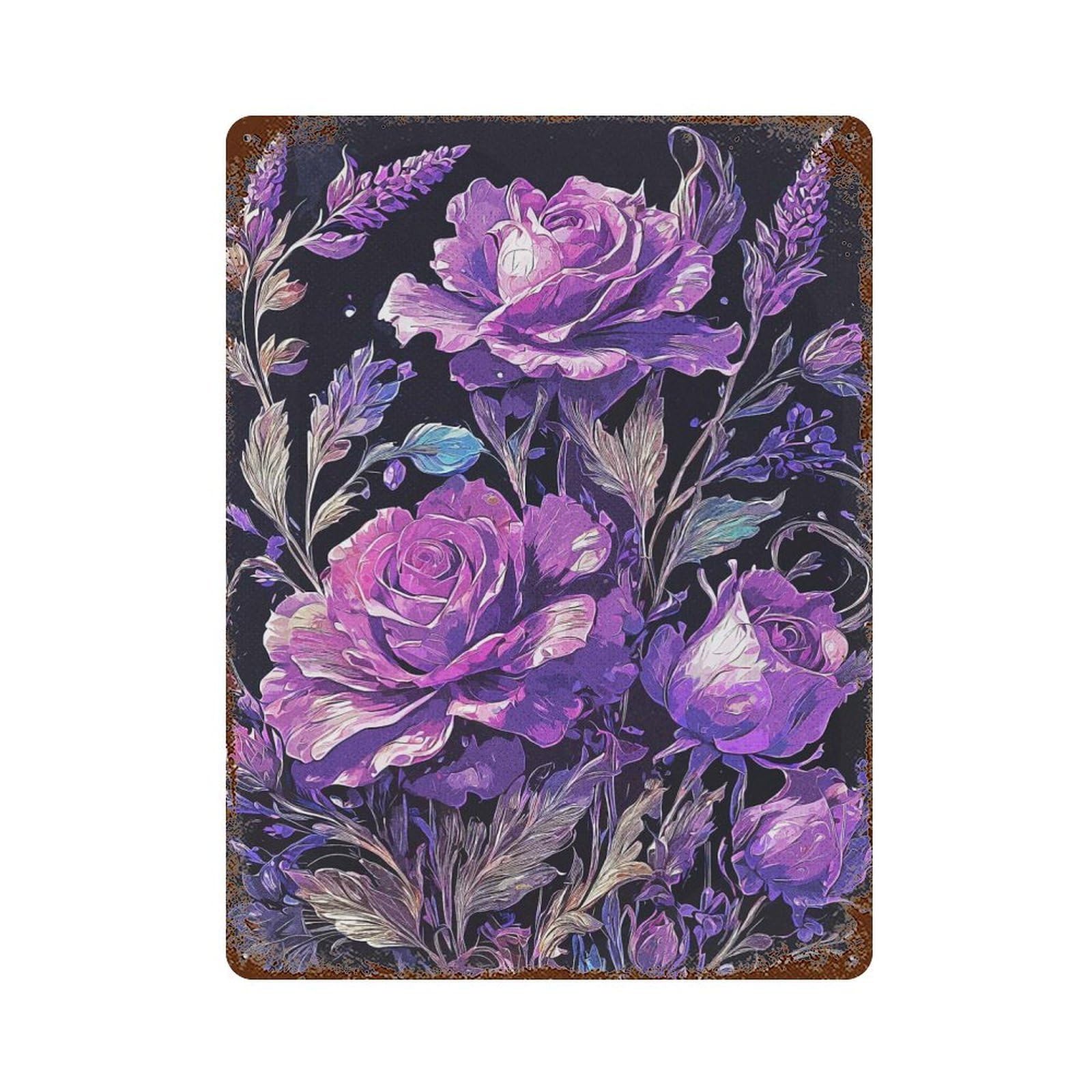 Distressed Metal Wall Sign Purple Rose 15.7"x11.8", Decorative Metal Wall Art for Farmhouse, Kitchen And Entryway Decor