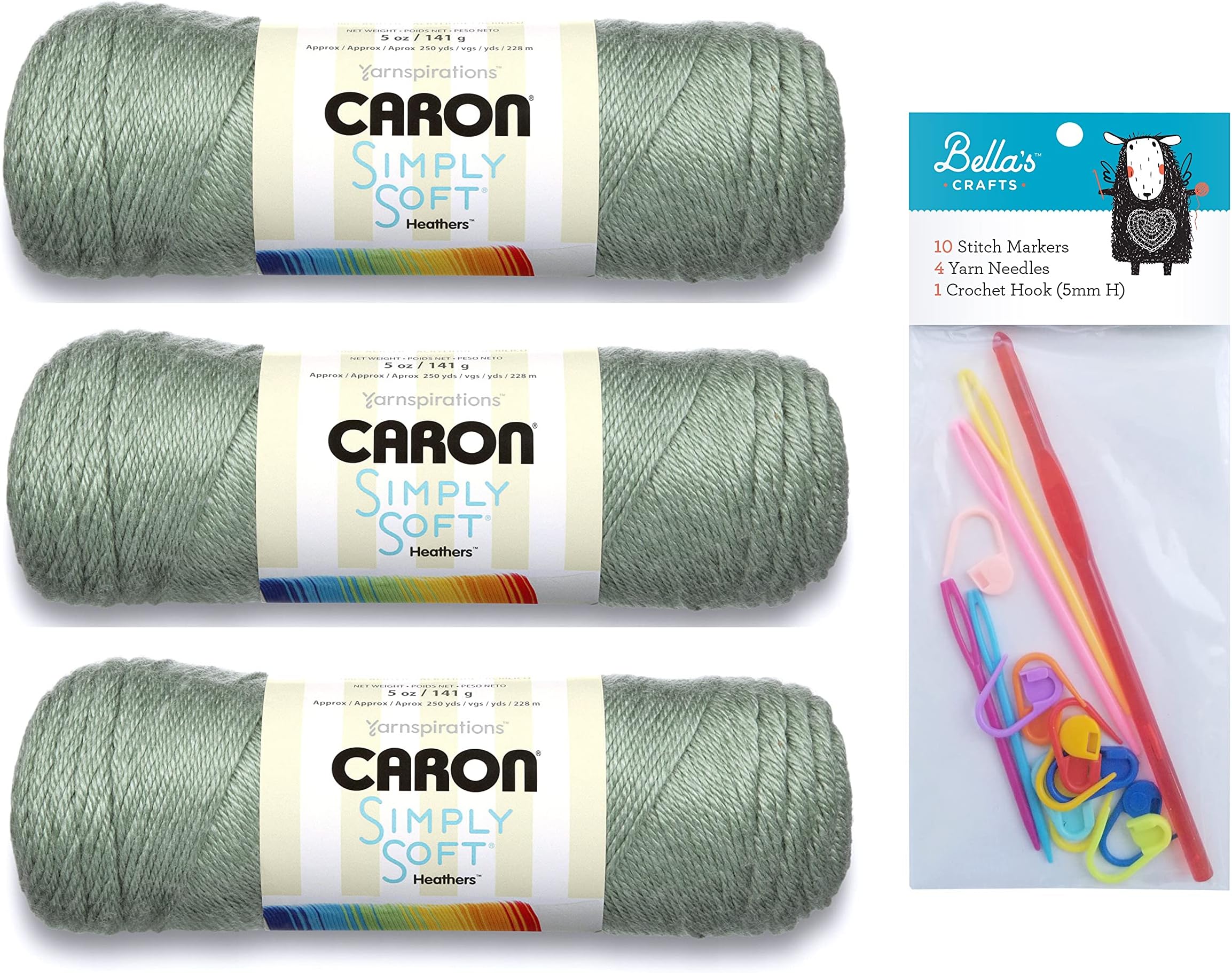 Caron Simply Soft Woodland Heather 3-Pack Bundle with Bella's Crafts H/5mm Crochet Hook, 10 Stitch Markers and 4 Plastic Yarn Needles