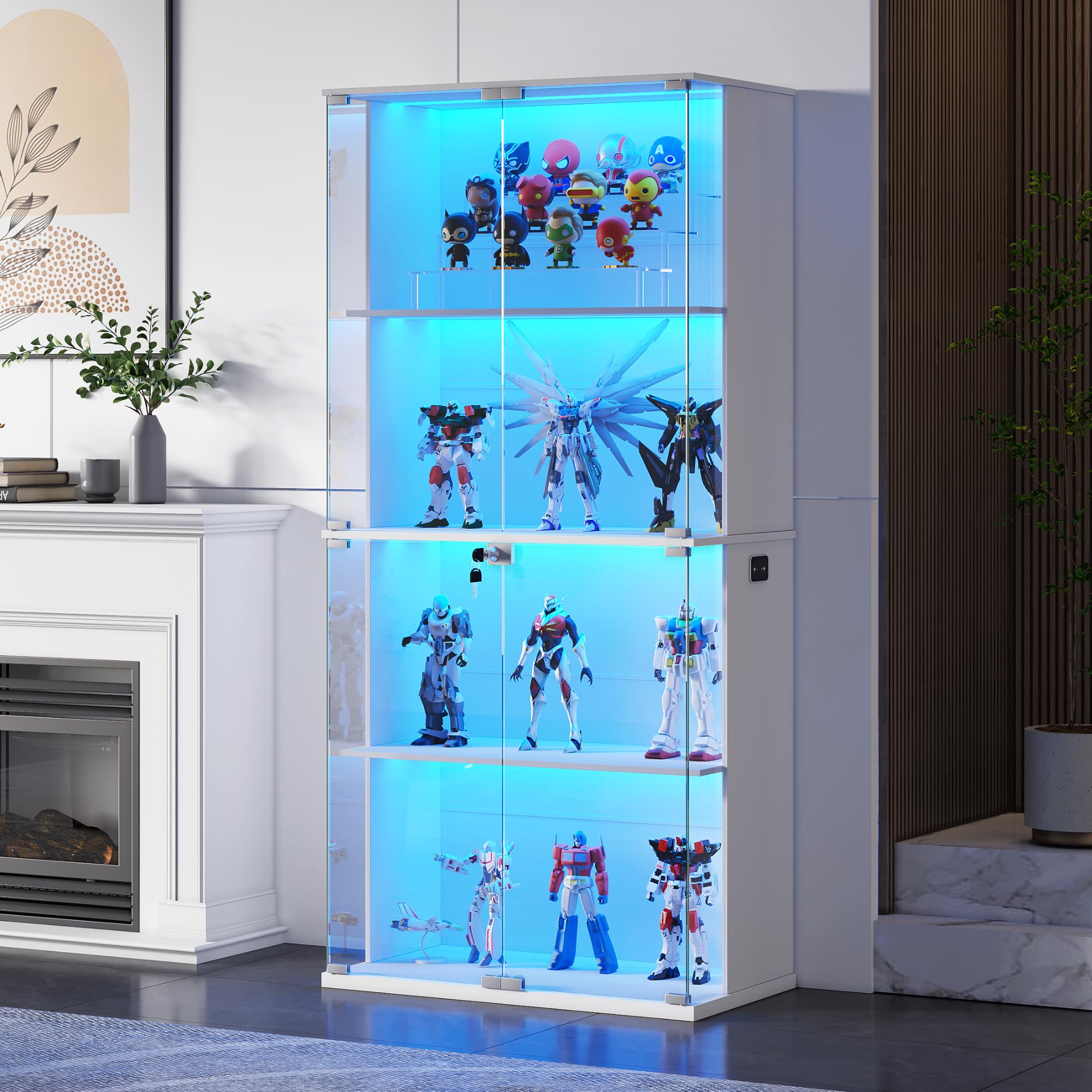 Gurexl 66" Display Cabinets with Glass Door,4 Shelf Curio Storage Cabinet with 3 Color Lights,Bookcase Display Case with Human Body Sensor for Collectiblesbb,Toys,Living Room,Bedroom Furniture,White