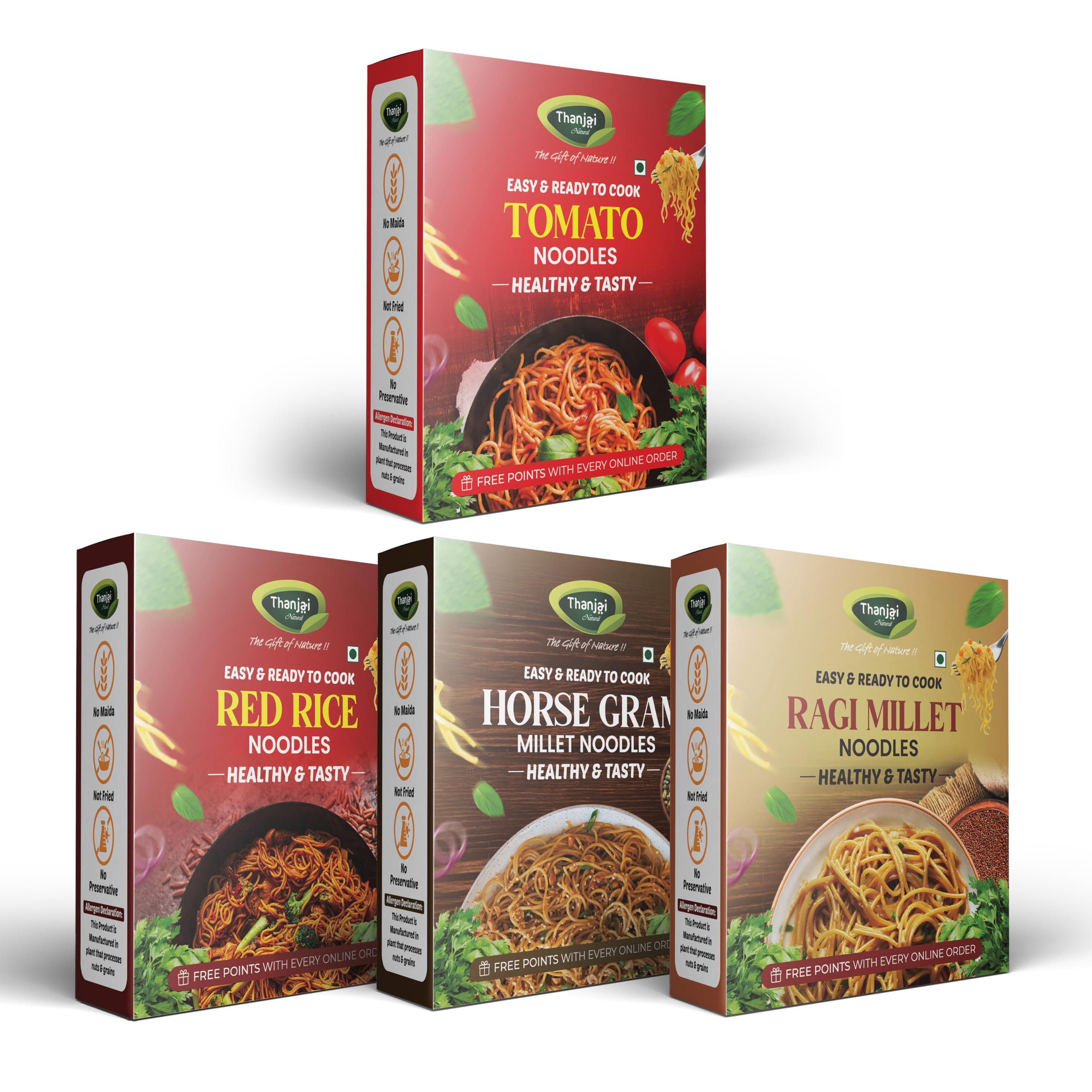 Thanjai Natural Millet Noodles 180 Grams X 4 Varieties (720 Grams) of Homemade Natural Tomato | Red Rice | Horsegram and Ragi Millets Noodles (No Preservatives, No Chemicals, No Artificial Extract)