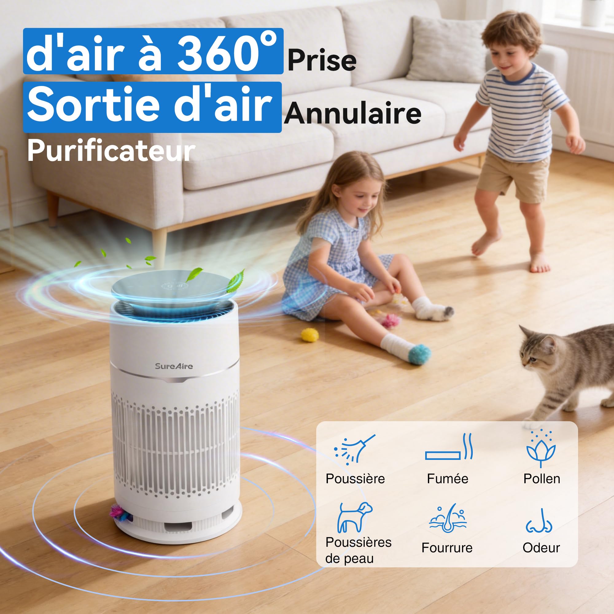 Purificateurs d'air pour chat avec filtre HEPA, purificateur d'air de bureau avec préfiltre remplaçable et teaser pour chat, filtres d'admission d'air à 360 ° Modèle: AP-D1-GP201-T