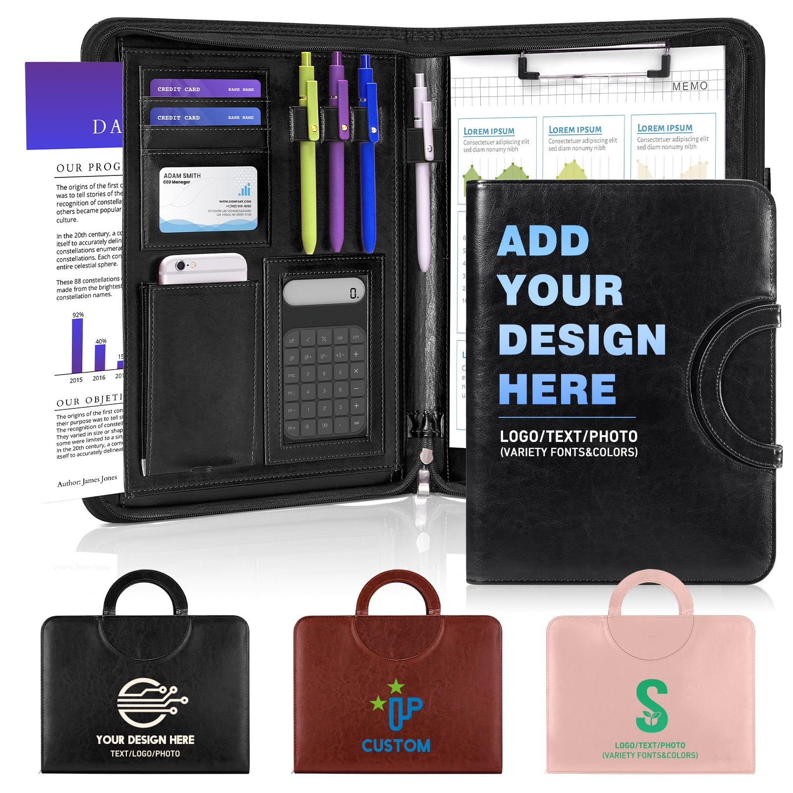 ENOMY Professional A4 Zipped Portfolio with Carry Handle Waterproof PU Leather Conference Folder Secure Document Holder Custom Personalised Business File Organiser Gift Black