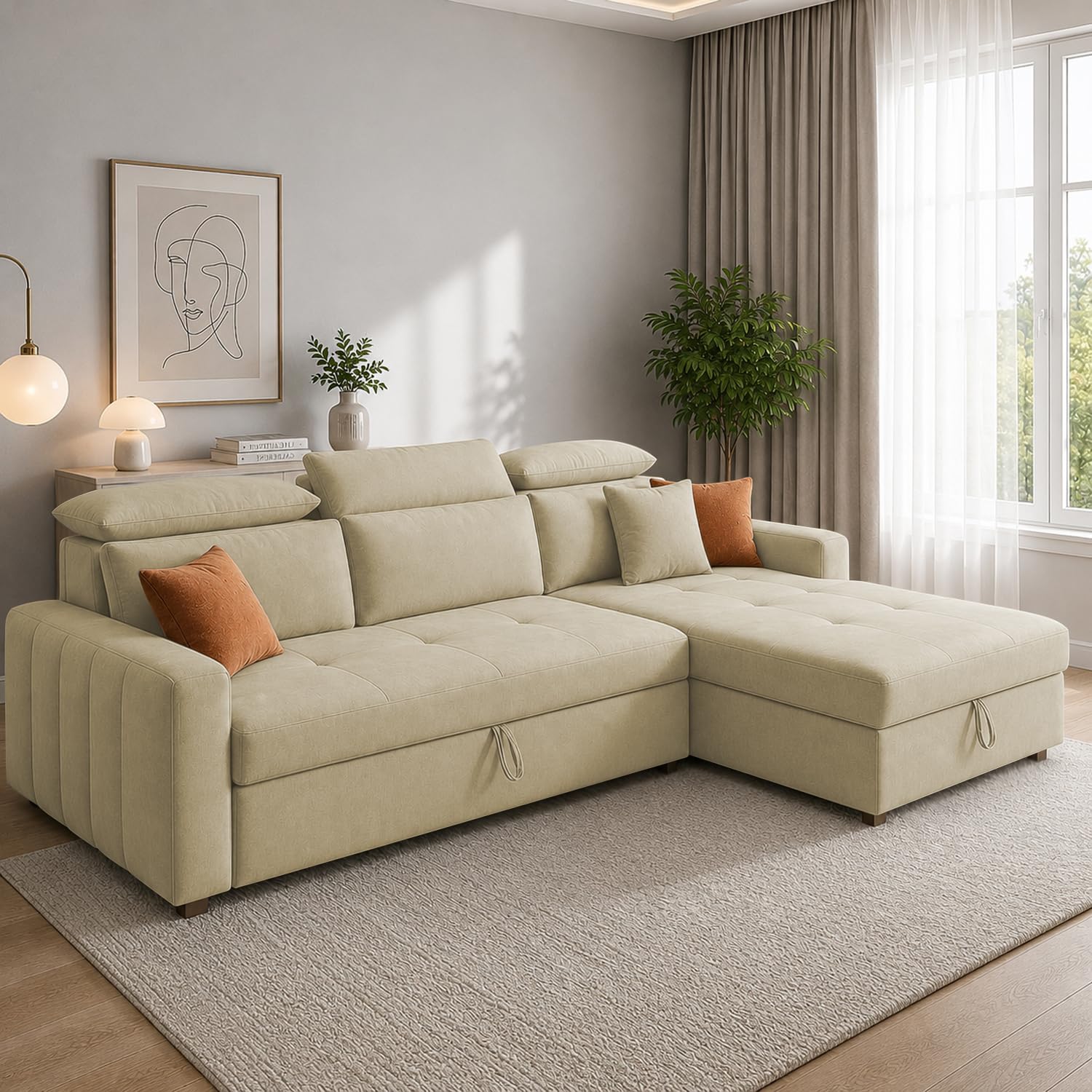 Casaliving Gagnon RHS 4 Seater L Shape Corner Sofa Cum Bed for Living Room with Storage (Cream Fabric) Premium Fabric Sofa Cum Bed