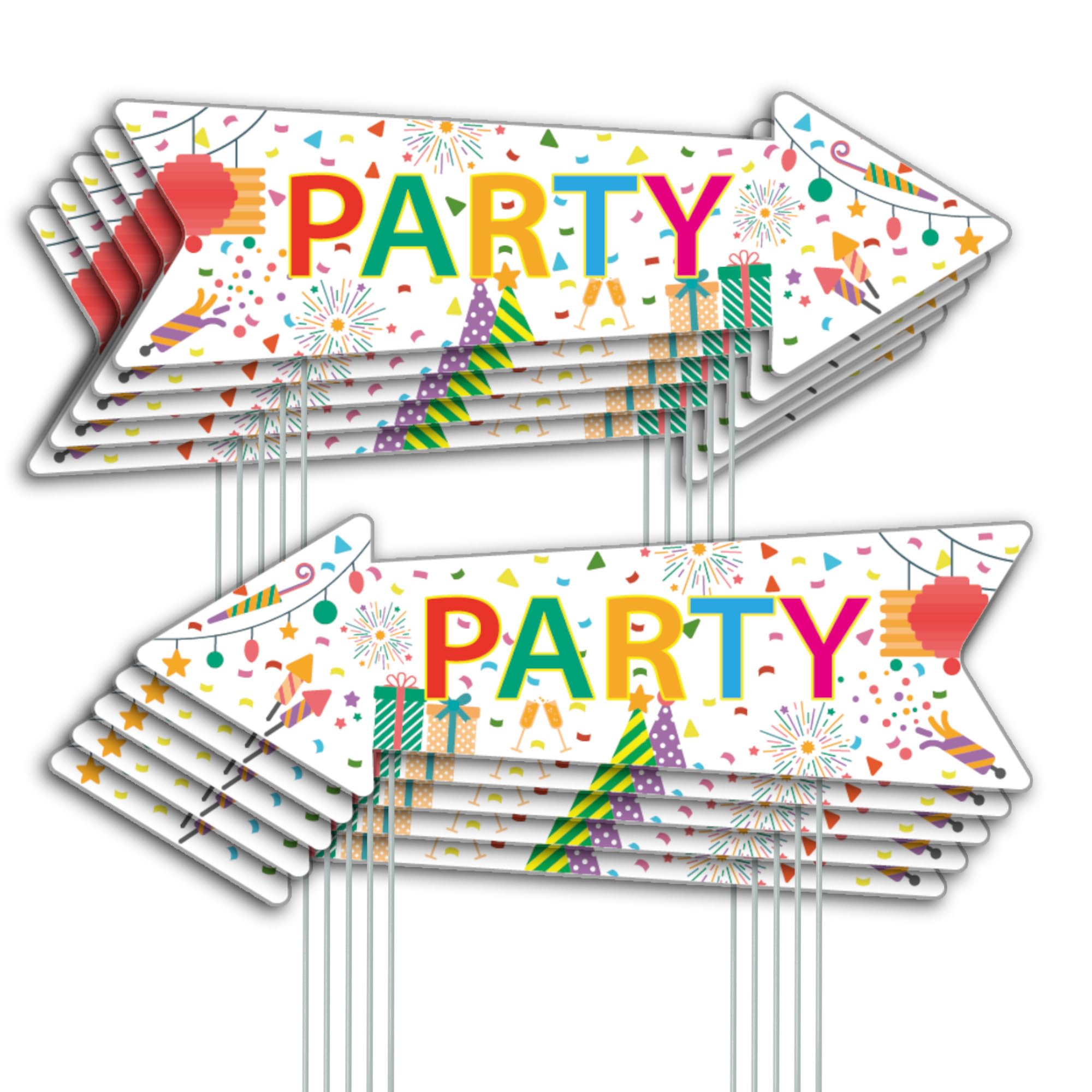 Party Signs with Stakes, 16 Inches by 5 Inches - Double Sided Signs - Corrugated Plastic - Colorful Birthday Party This Way Sign with Arrow for Yard Outdoors. (10)