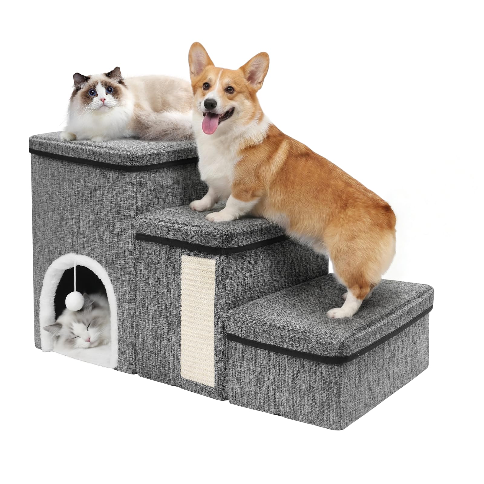 Newthinking Escalera para Perros 3 Niveles, Plegable con Almacenamiento, Antideslizante para Sofá y Cama, para Gatos y Perros Mayores, 20 kg