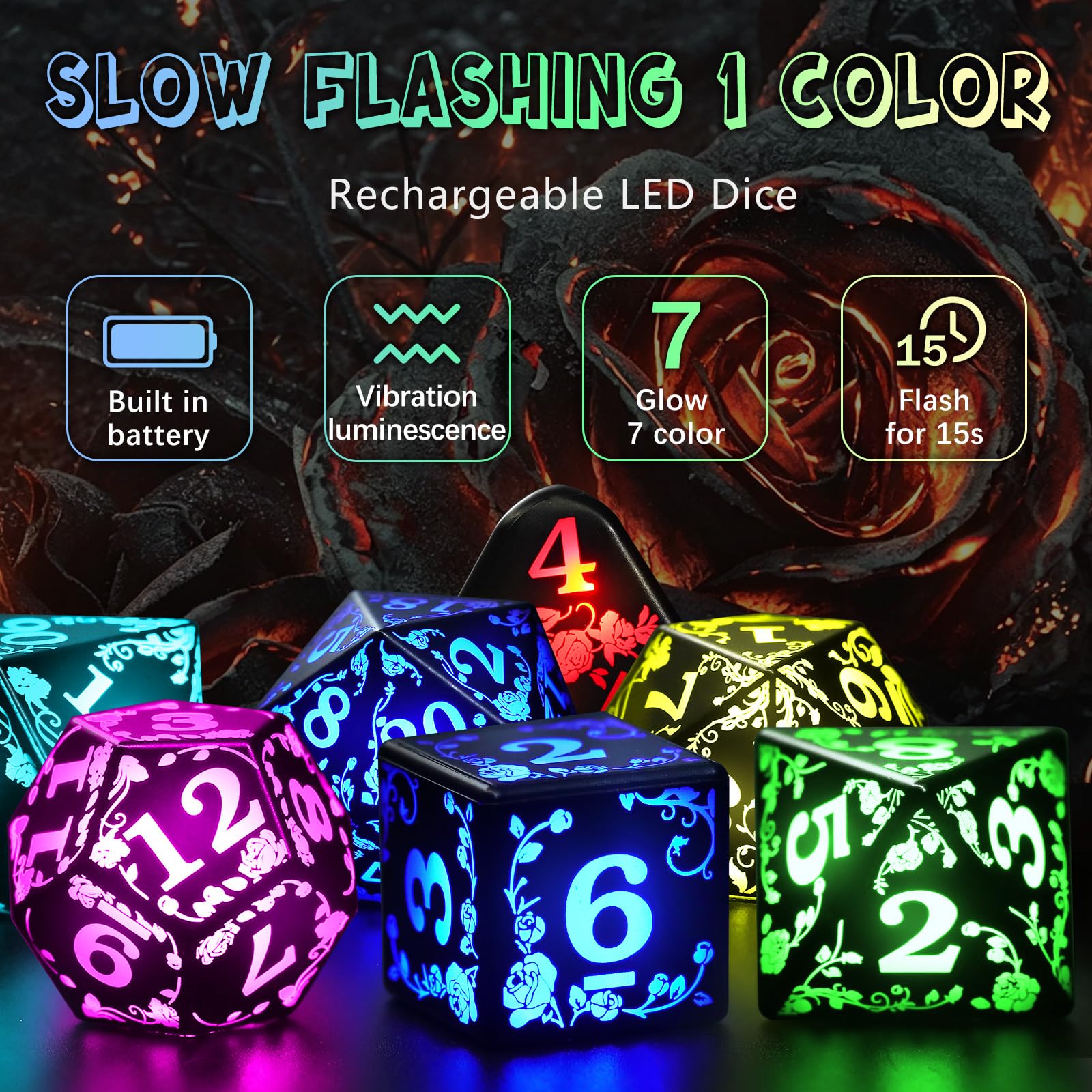 FONVGOGO Set di dadi LED luminosi wireless D&D ricaricabili per Dungeons and Dragons RGB DND dadi con scatola di ricarica, dadi poliedrici per giochi di ruolo in 7 colori, per regali DND RPG giochi da