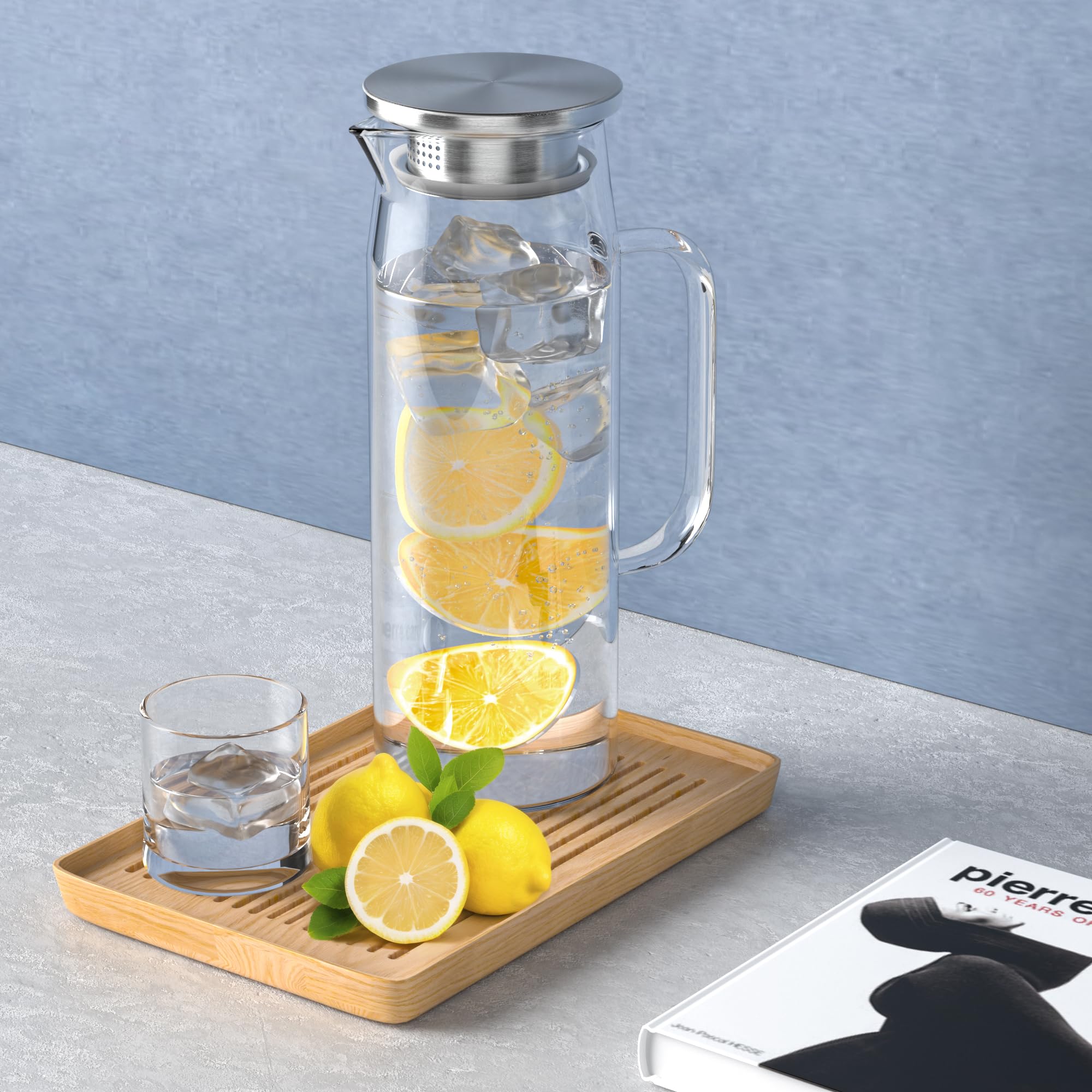 3 Sets Glaskrug mit Deckel, 1,417.5 g / 1500 ml Wasserkaraffe mit Griffen Heißes Kaltgetränkewasser Glas Krug (Edelstahldeckel)