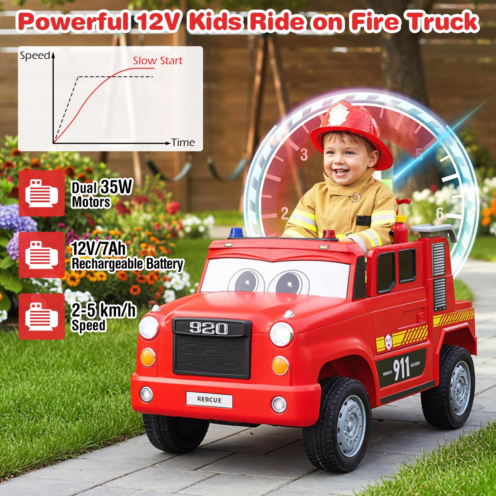 COSTWAY Kinder Elektroauto, 12V Feuerwehrauto Elektro mit Wasserpistole & Fernbedienung, Elektrisches Kinderauto mit Musik, Alarm, Blinklichtern und Softstart, Elektrofahrzeug für Kinder ab 3 Jahren