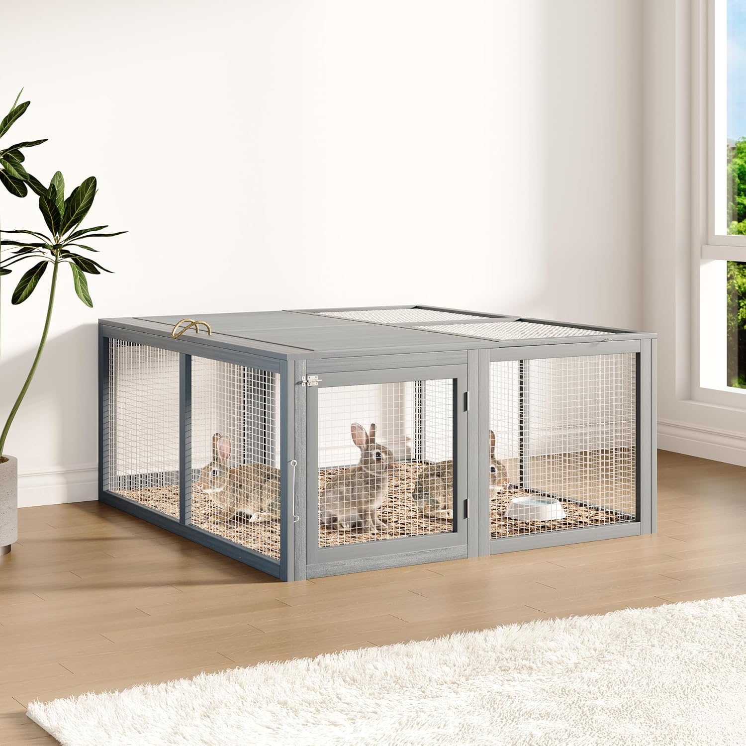 GarveeHome Folding Chicken Coop Run Rabbit Hutch, Portable Wooden Chicken Cage Pens with Top & Side Opening Doors, Small Animal Poultry Pet Cage for Outdoor, Indoor, No Assembly Required, Grey