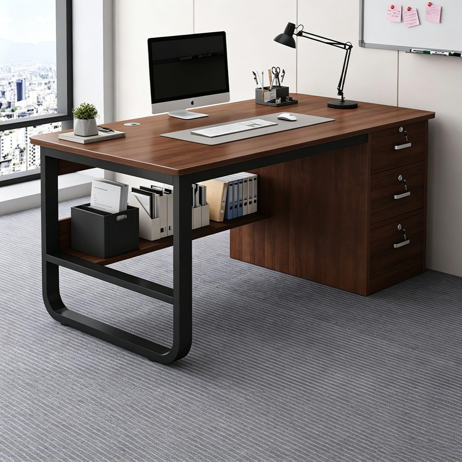 Scrivania Ufficio con 3 Cassetti con Serratura,Scrivania per Computer Moderna e Funzionale con Ripiano Inferiore Portaoggetti,Foro Passacavi e Struttura Metallica,per Casa e Studio C,140CM