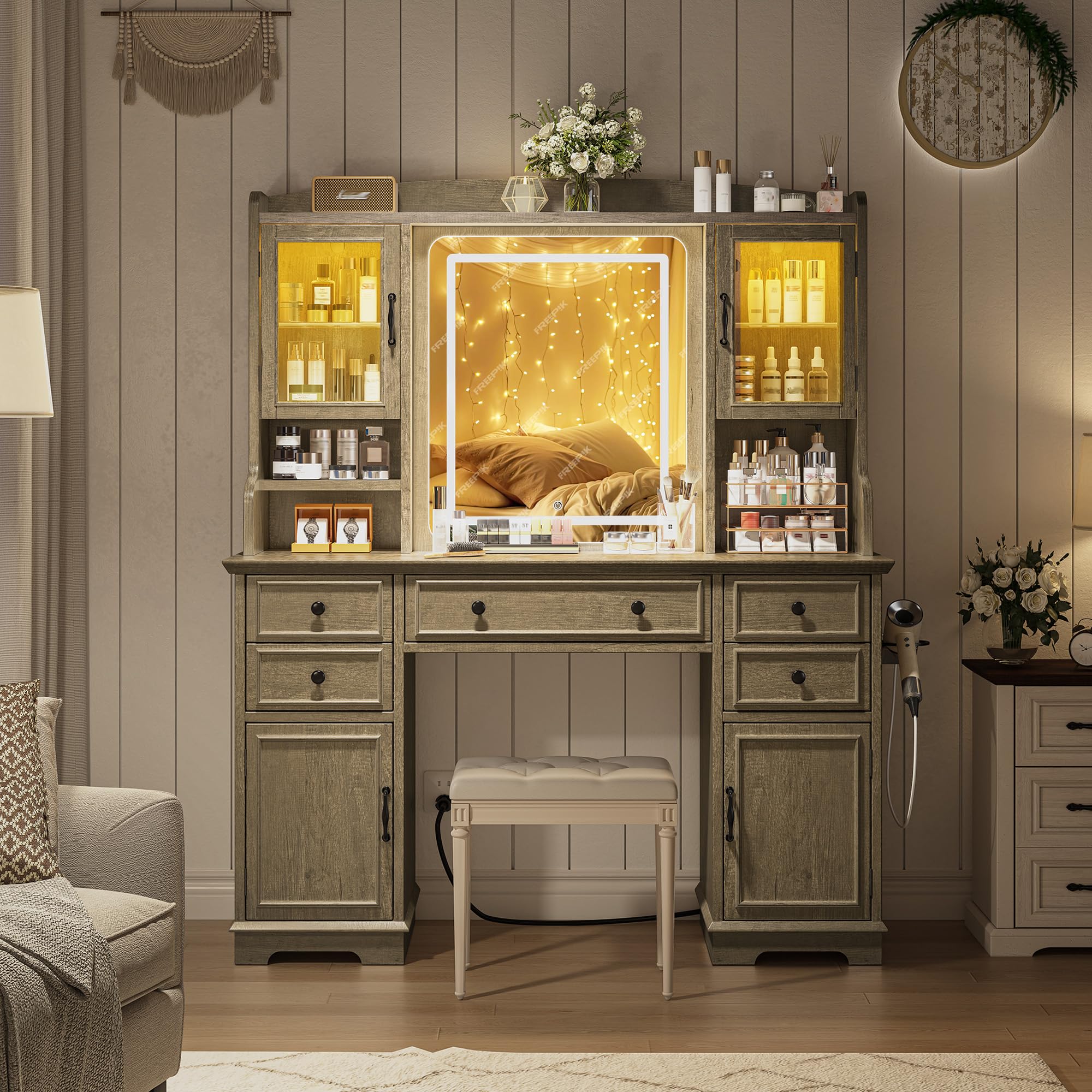 EnHomee Farmhouse Vanity Desk with LED Lighted Mirror, Makeup Vanity Table with RGB Cabinets and Lots Storage, 5 Drawers and 6 Storage Shelves for