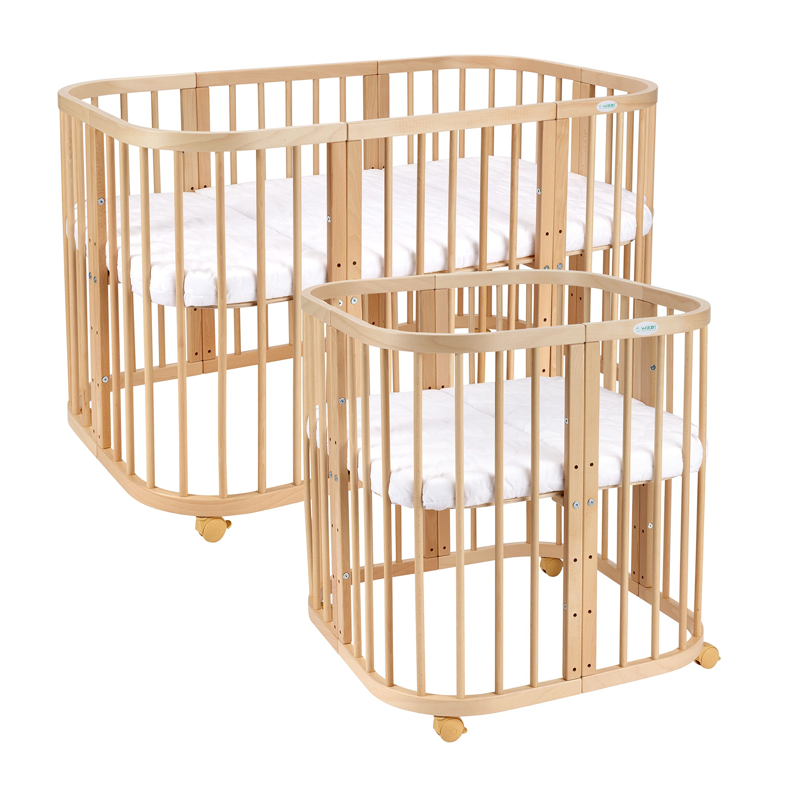 waldin Lettino in Legno 7in1, Materasso, Lettino Bambini Espandibile, Ventilato, Base Regolabile in 5 Posizioni, Set Tutto Completto, Naturale