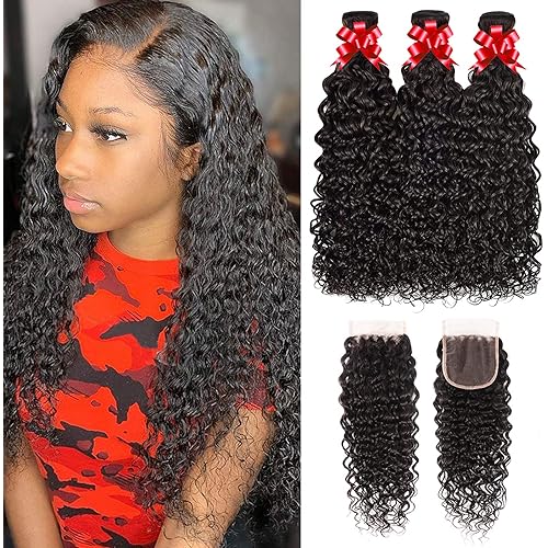 Brazilian Water Wave 3 Bundles with Closure 100% Unprocessed Weave 3 Bundles Curly Wave Bundles Virgin Human Hair Bundles with 4x4 Lace Closure Wet and Wavy Hair Extension Natural Color(18 20 22+16)