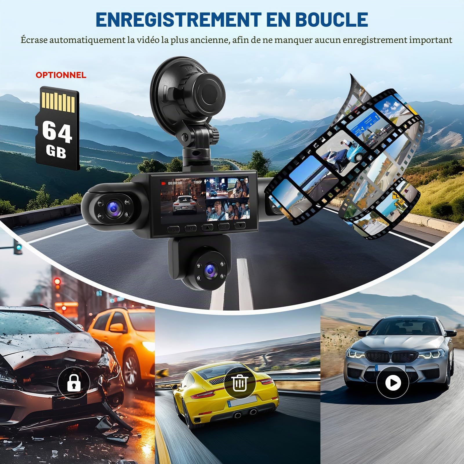 CAMECHO 5 Canaux Vision Nocturne Dashcam 1080P Rotation à 360° Caméra Voiture Embarquée Avant et arrière, 3,16'' Dashcam Mode Parking, Aide au Recul, Enregistrement en Boucle, Détection de Mouvement