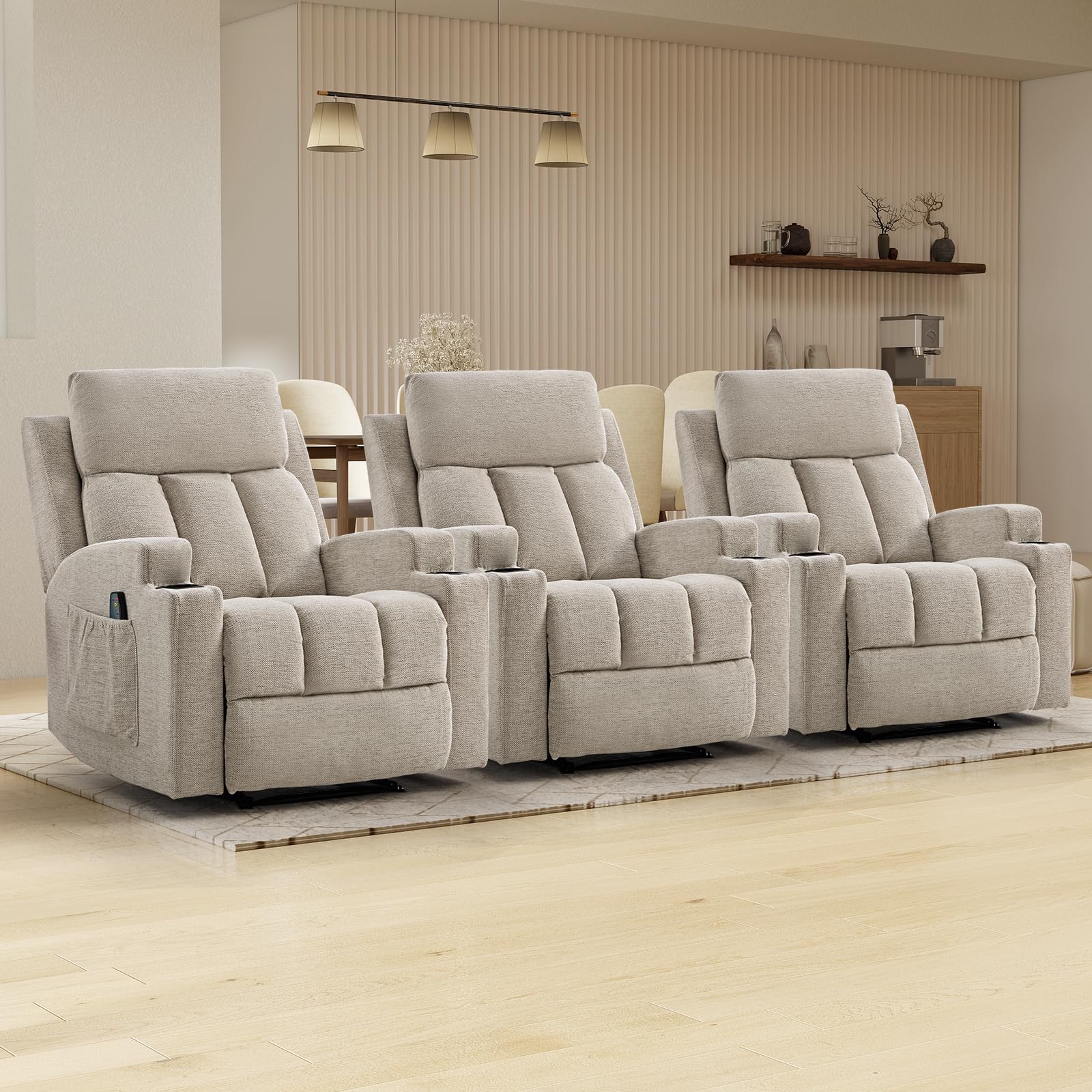 CANMOV Manual Massage Heat Recliner Chair Set of 3,Soft Fabric Recliner Chair with Overstuffed Arm and Back, Manual Reclining Single Sofa with 2 Cup Holders, Side Pocket for Living Room,Beige